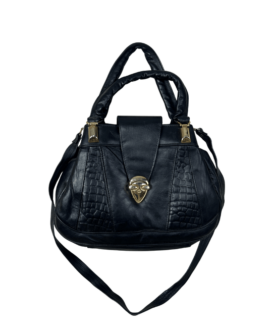 Vintage Black Genuine Leather Handbag with Croc Panels & Gold Lock - Funkify