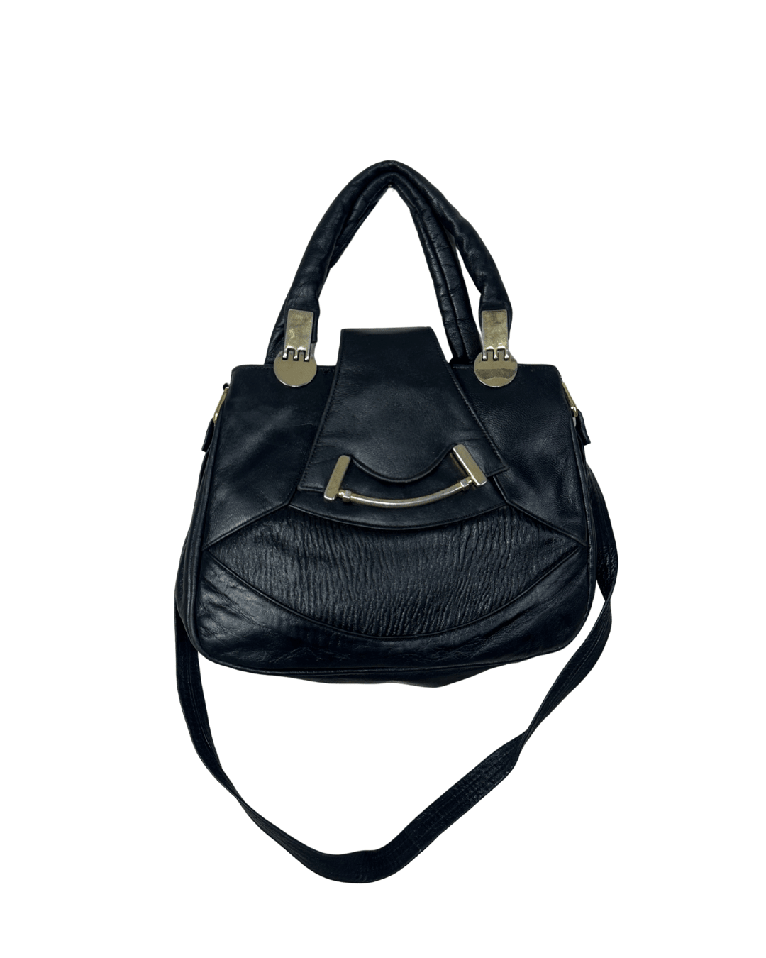 Vintage Black Genuine Leather Handbag with Dual Handles & Shoulder Strap - Funkify