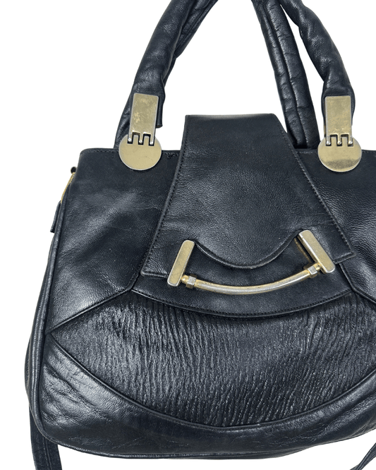 Vintage Black Genuine Leather Handbag with Dual Handles & Shoulder Strap - Funkify