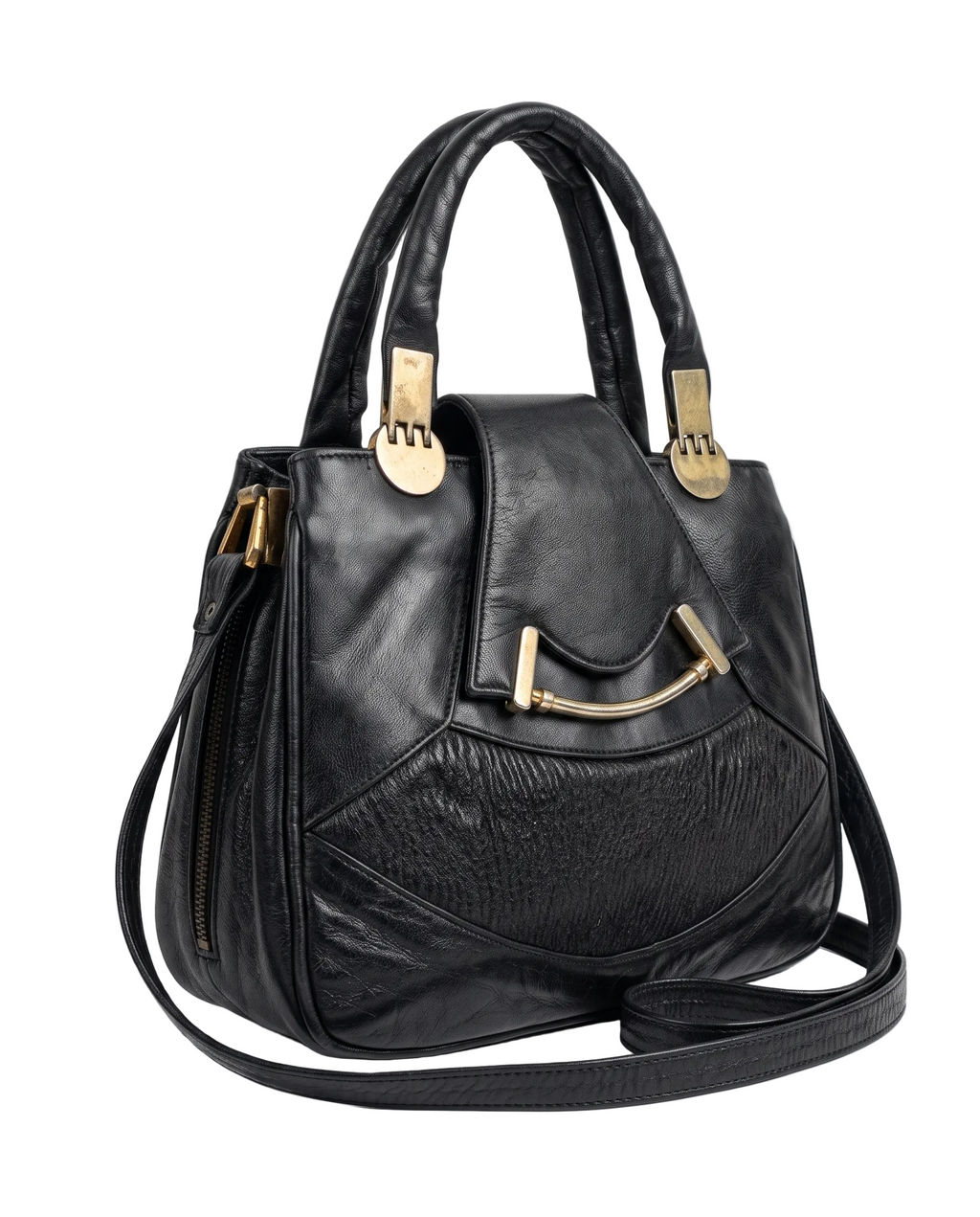 Vintage Black Genuine Leather Handbag with Dual Handles & Shoulder Strap