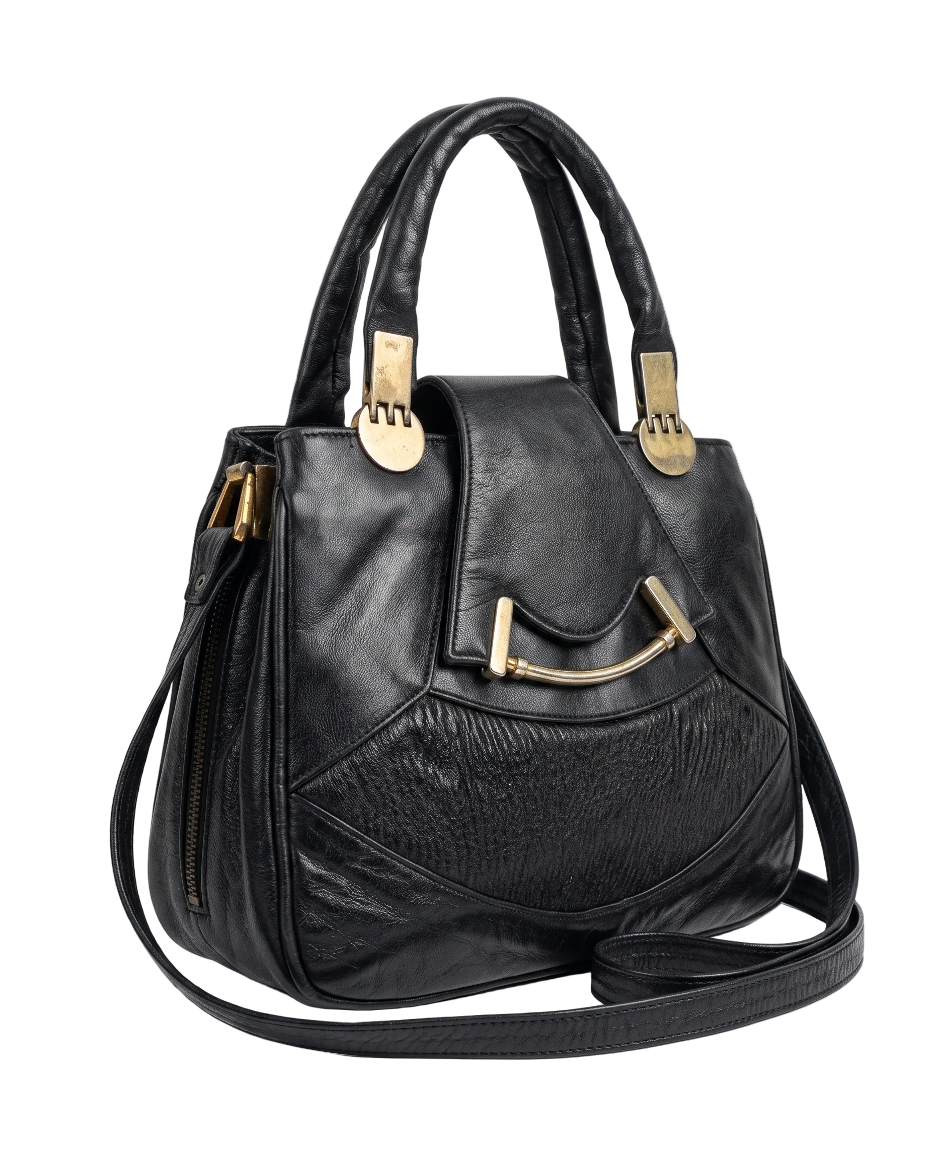 Vintage Black Genuine Leather Handbag with Dual Handles & Shoulder Strap