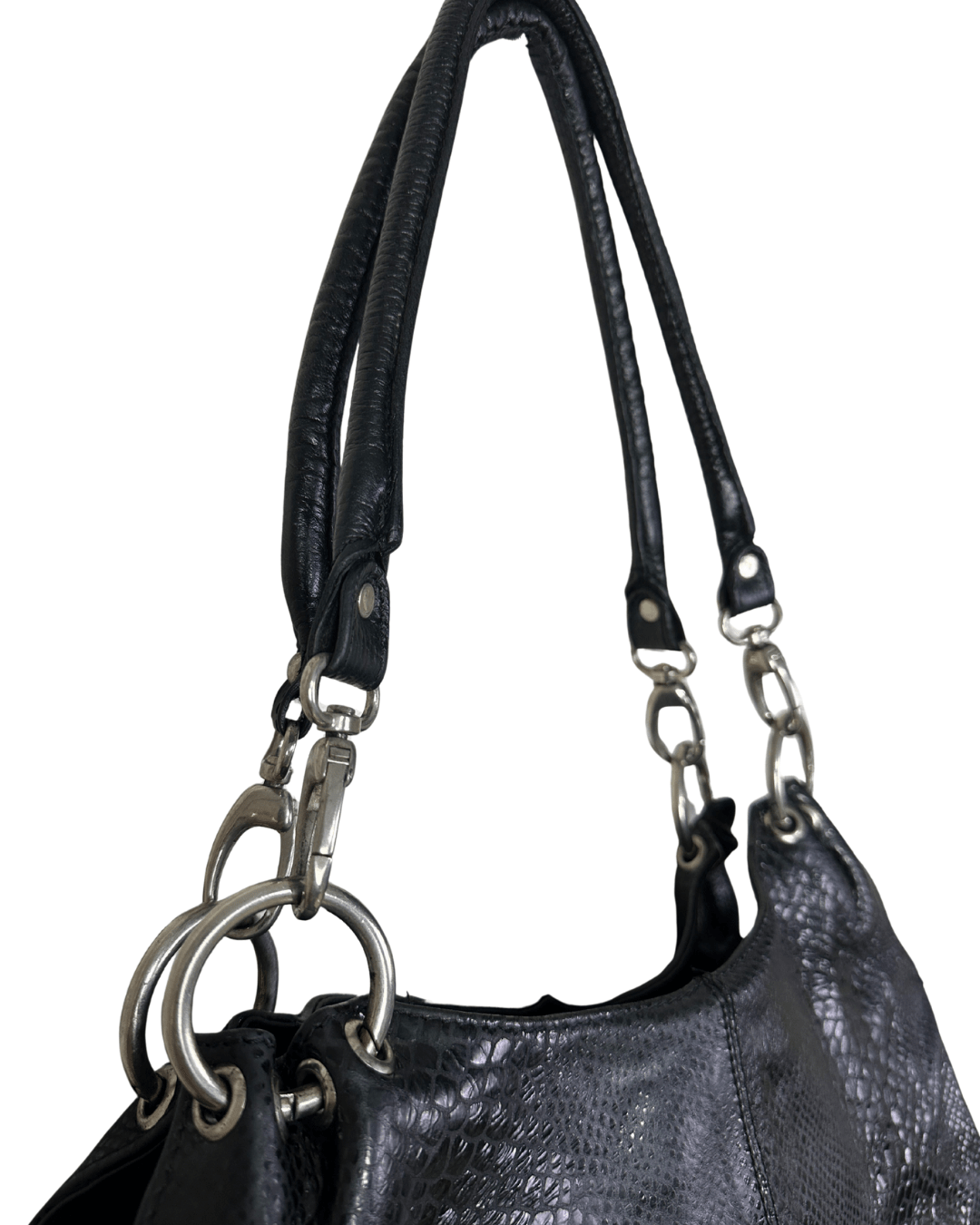 Vintage Black Leather Snake - Embossed Shoulder Bag - Funkify