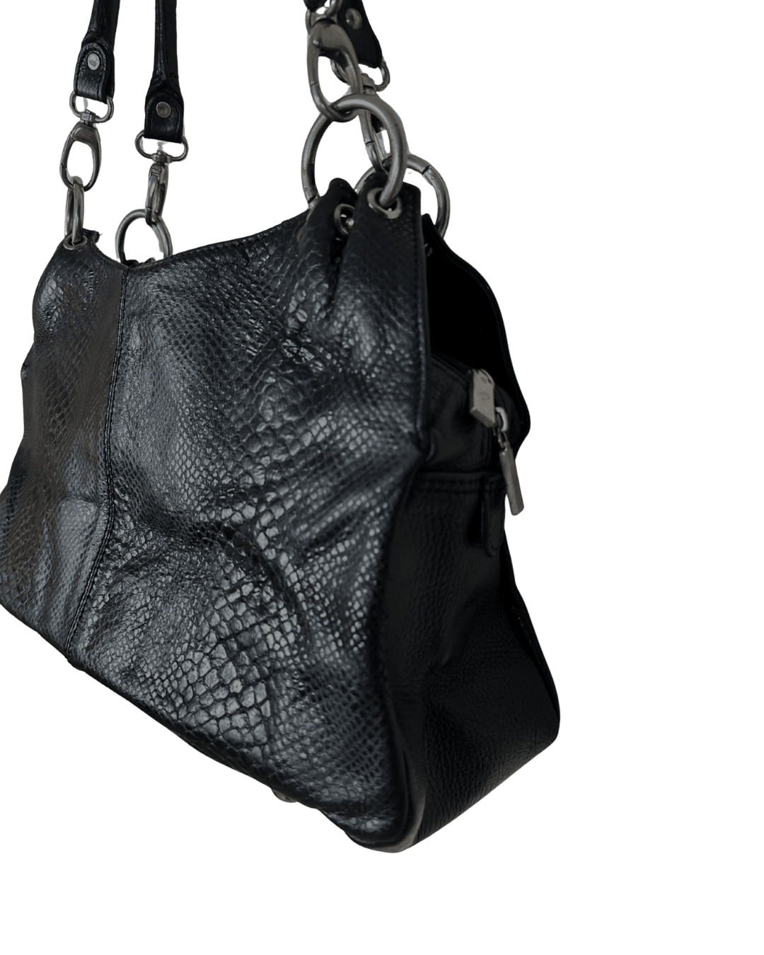 Vintage Black Leather Snake - Embossed Shoulder Bag - Funkify