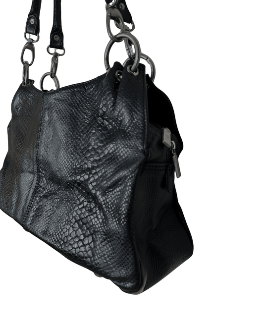 Vintage Black Leather Snake - Embossed Shoulder Bag - Funkify