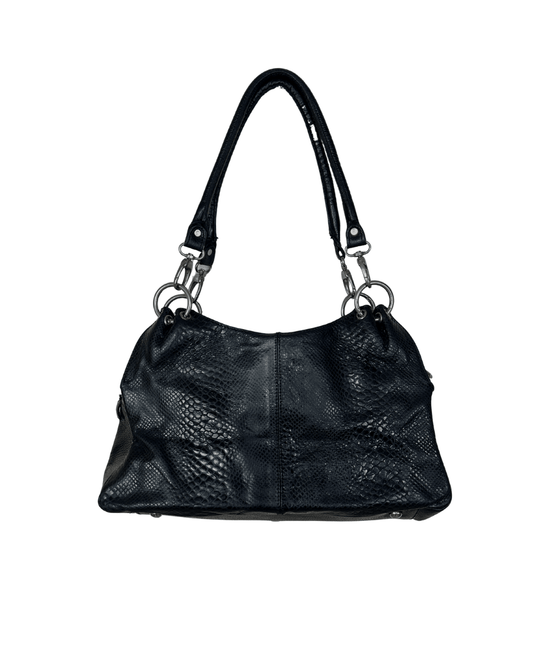 Vintage Black Leather Snake - Embossed Shoulder Bag - Funkify