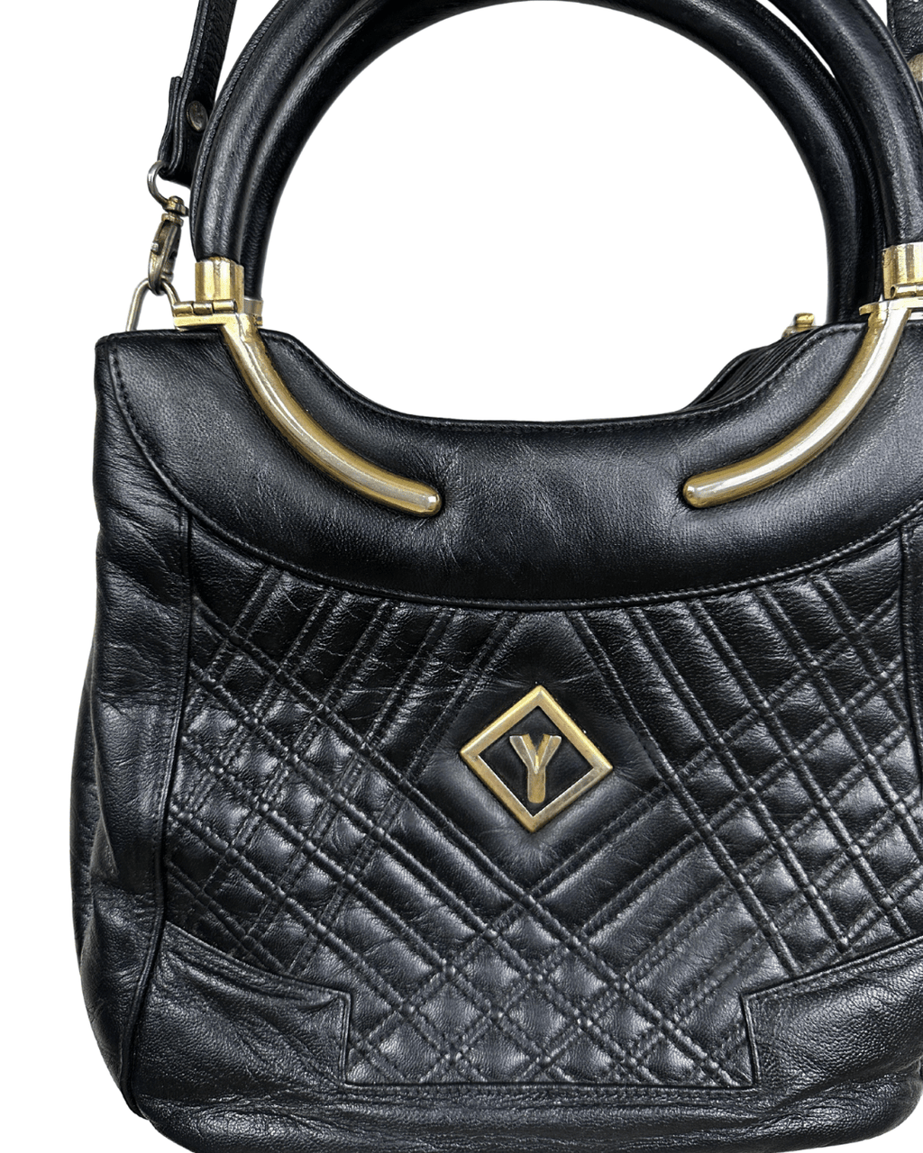 Vintage Black Quilted Leather Satchel with Gold Accents - Funkify