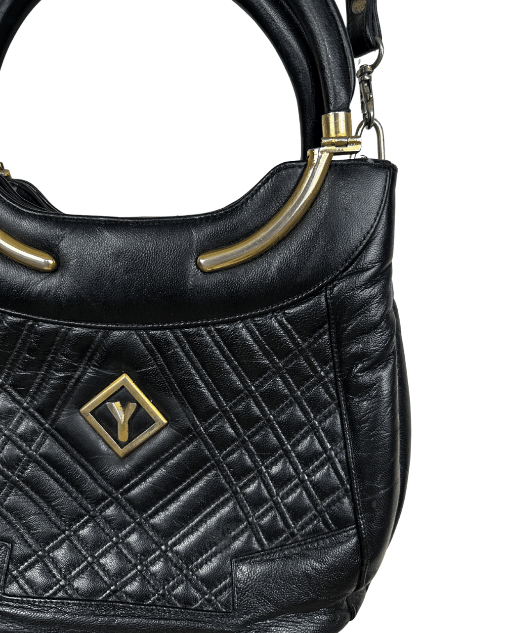 Vintage Black Quilted Leather Satchel with Gold Accents - Funkify