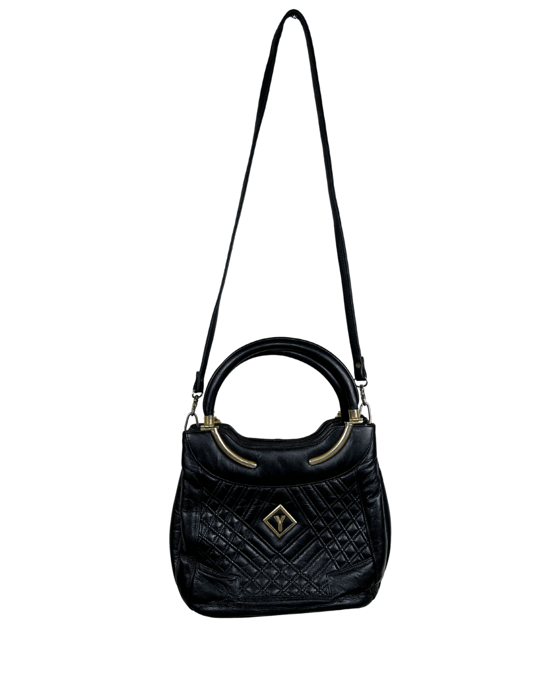 Vintage Black Quilted Leather Satchel with Gold Accents - Funkify