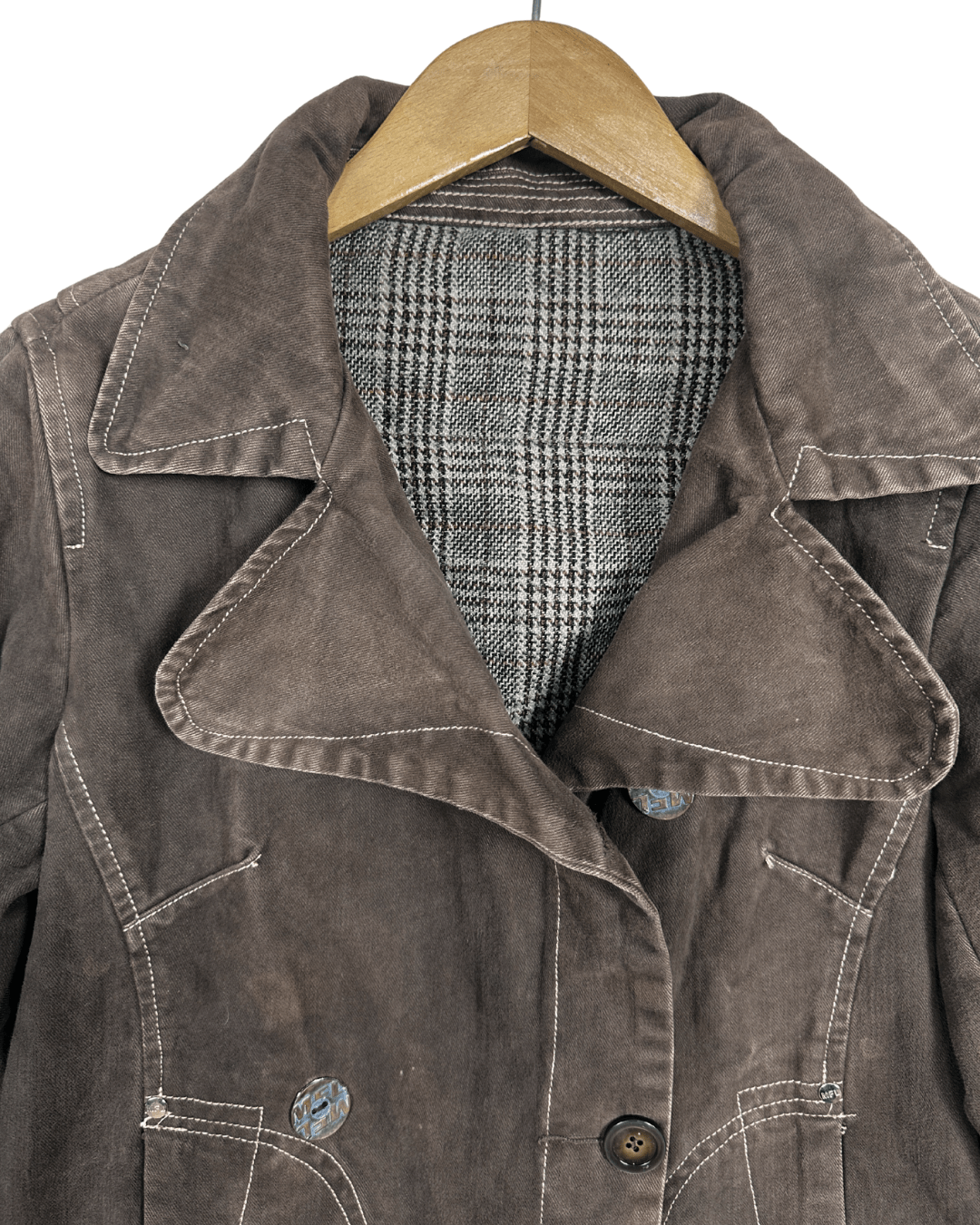 Vintage Brown Denim Jacket with Plaid Lining - Women's Large - Funkify