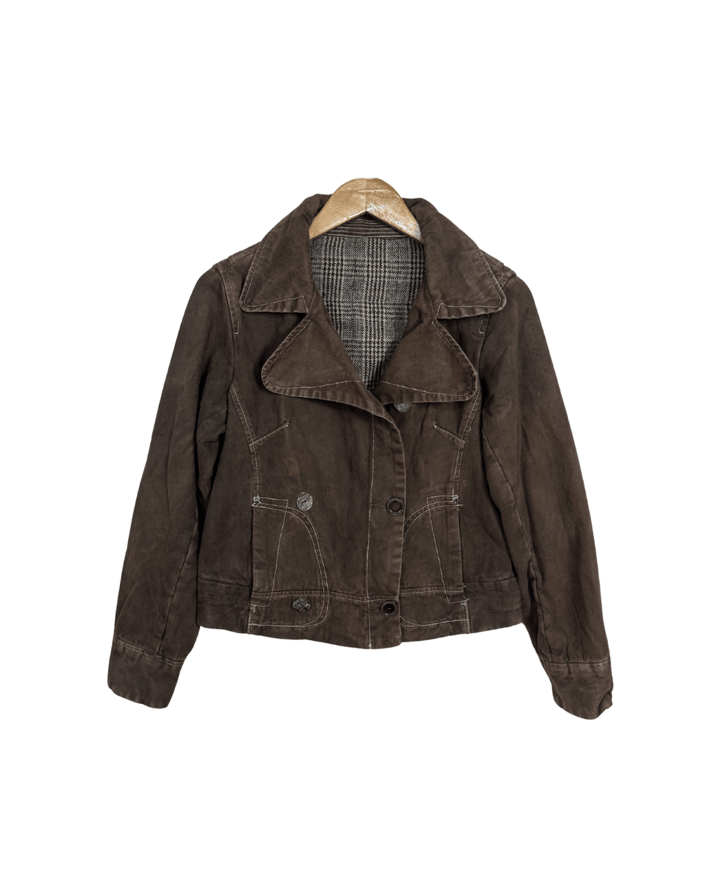 Vintage Brown Denim Jacket with Plaid Lining - Women's Large - Funkify