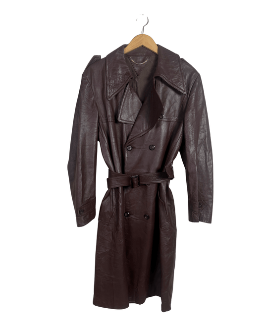 Vintage Brown Double Breasted Genuine Leather Trench Coat - Large - Funkify