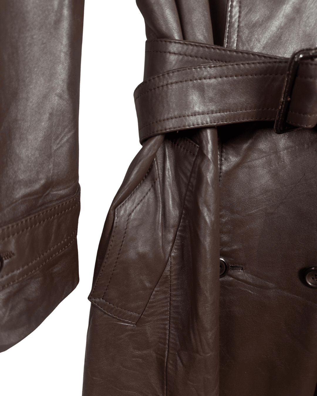 Vintage Brown Double Breasted Genuine Leather Trench Coat - Large - Funkify