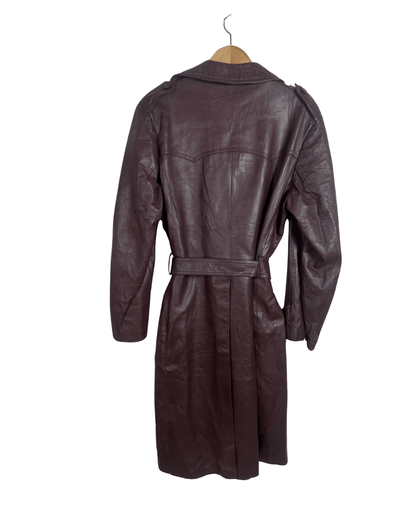 Vintage Brown Double Breasted Genuine Leather Trench Coat - Large - Funkify