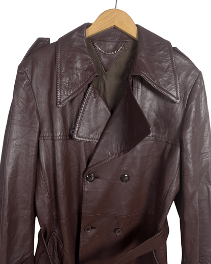 Vintage Brown Double Breasted Genuine Leather Trench Coat - Large - Funkify