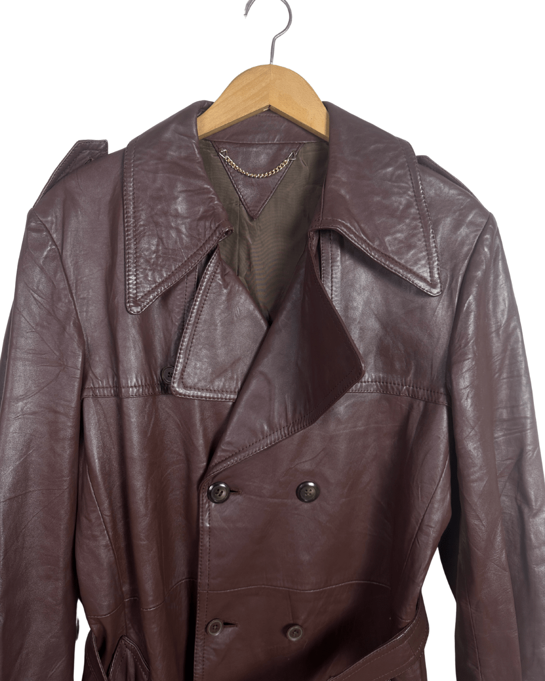 Vintage Brown Double Breasted Genuine Leather Trench Coat - Large - Funkify