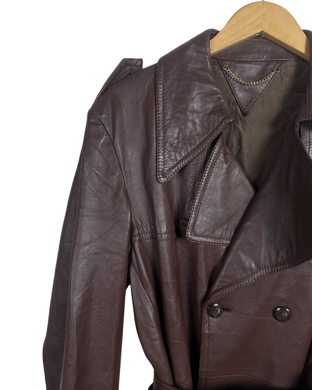 Vintage Brown Double Breasted Genuine Leather Trench Coat - Large - Funkify