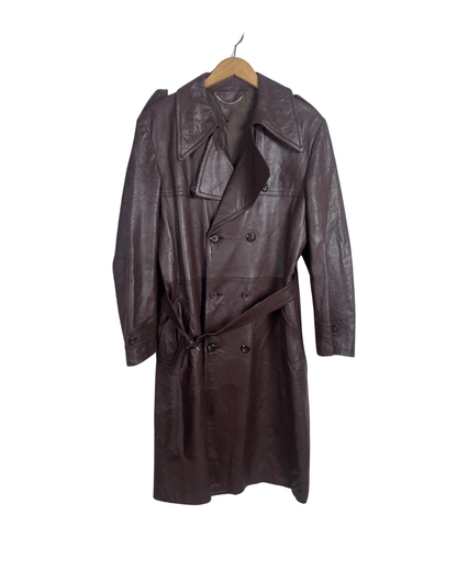 Vintage Brown Double Breasted Genuine Leather Trench Coat - Large - Funkify