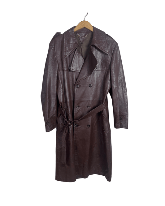Vintage Brown Double Breasted Genuine Leather Trench Coat - Large - Funkify