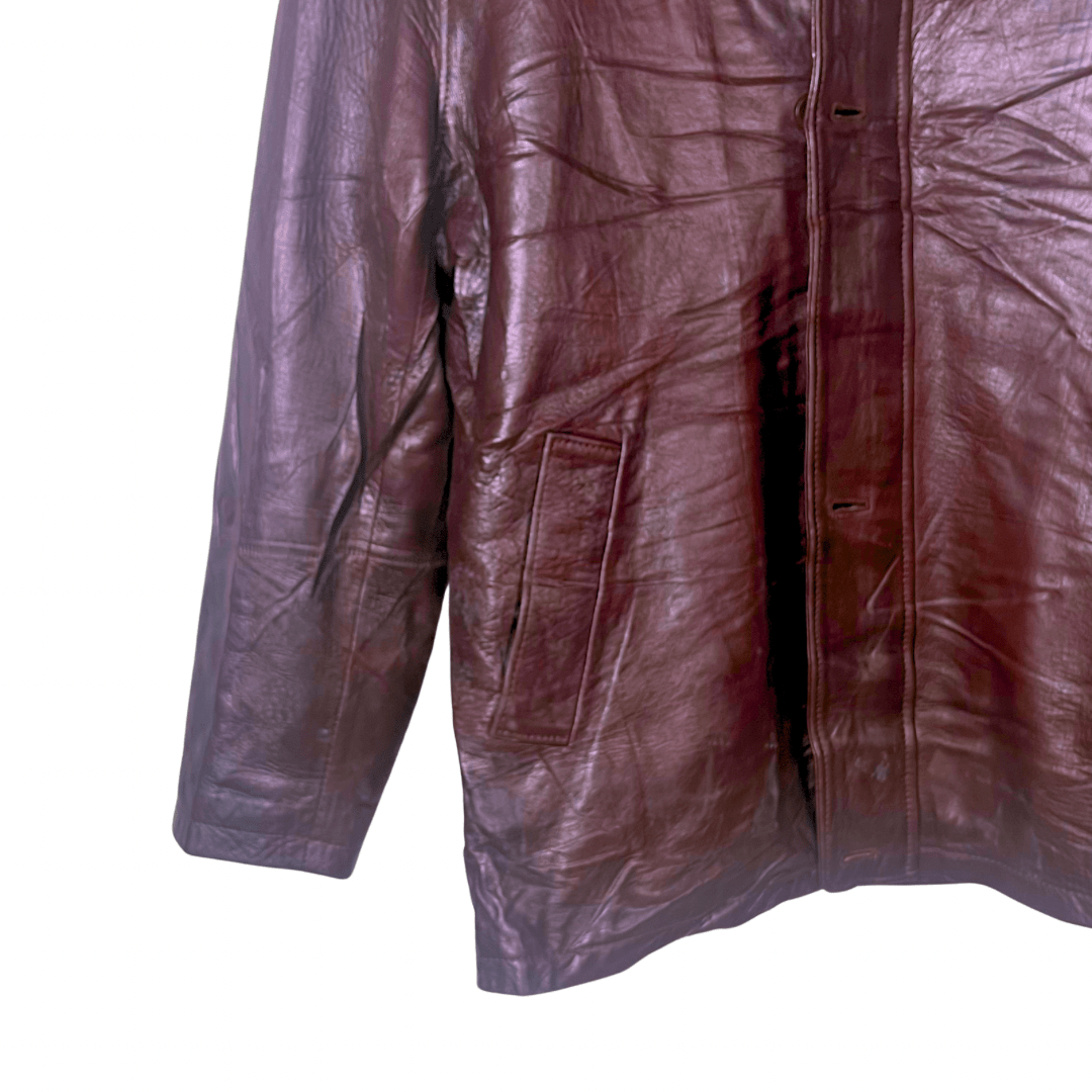 Vintage Burgundy Button-up Genuine Leather Jacket Large - Funkify