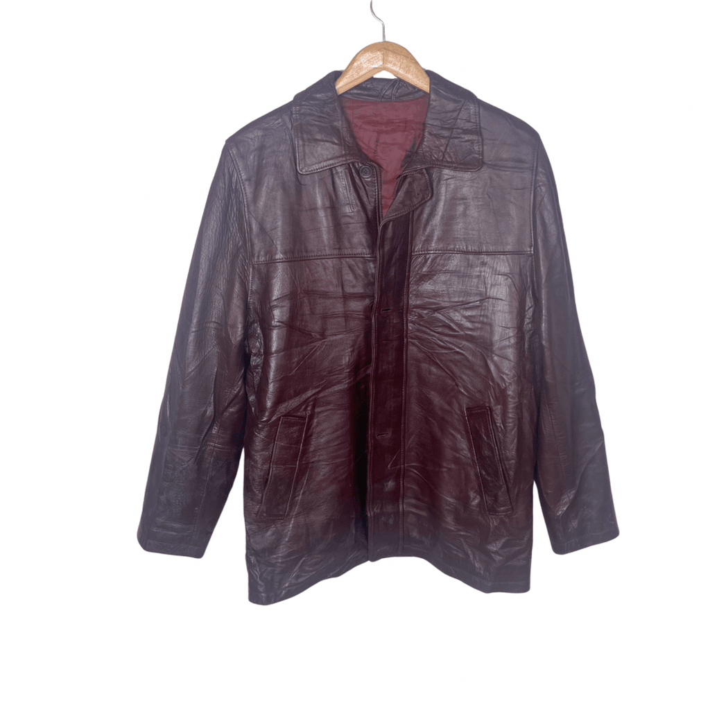 Vintage Burgundy Button-up Genuine Leather Jacket Large - Funkify