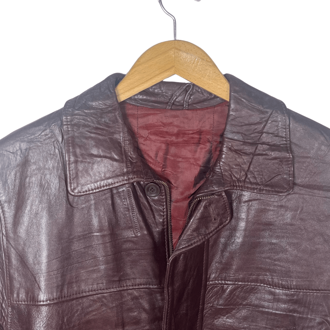 Vintage Burgundy Button-up Genuine Leather Jacket Large - Funkify