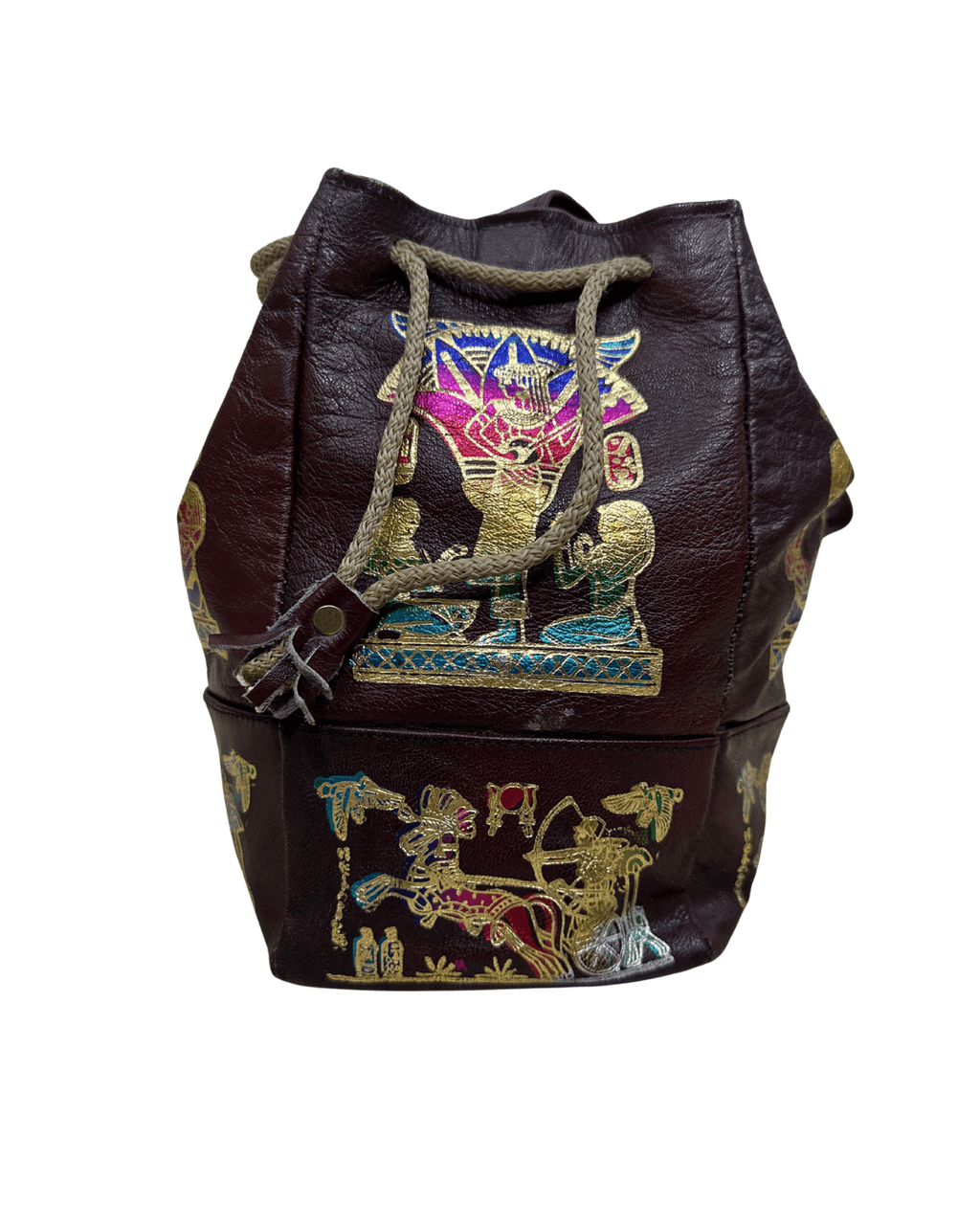 Vintage Burgundy Leather Ancient Egyptian Drawstring Bucket Bag - Funkify