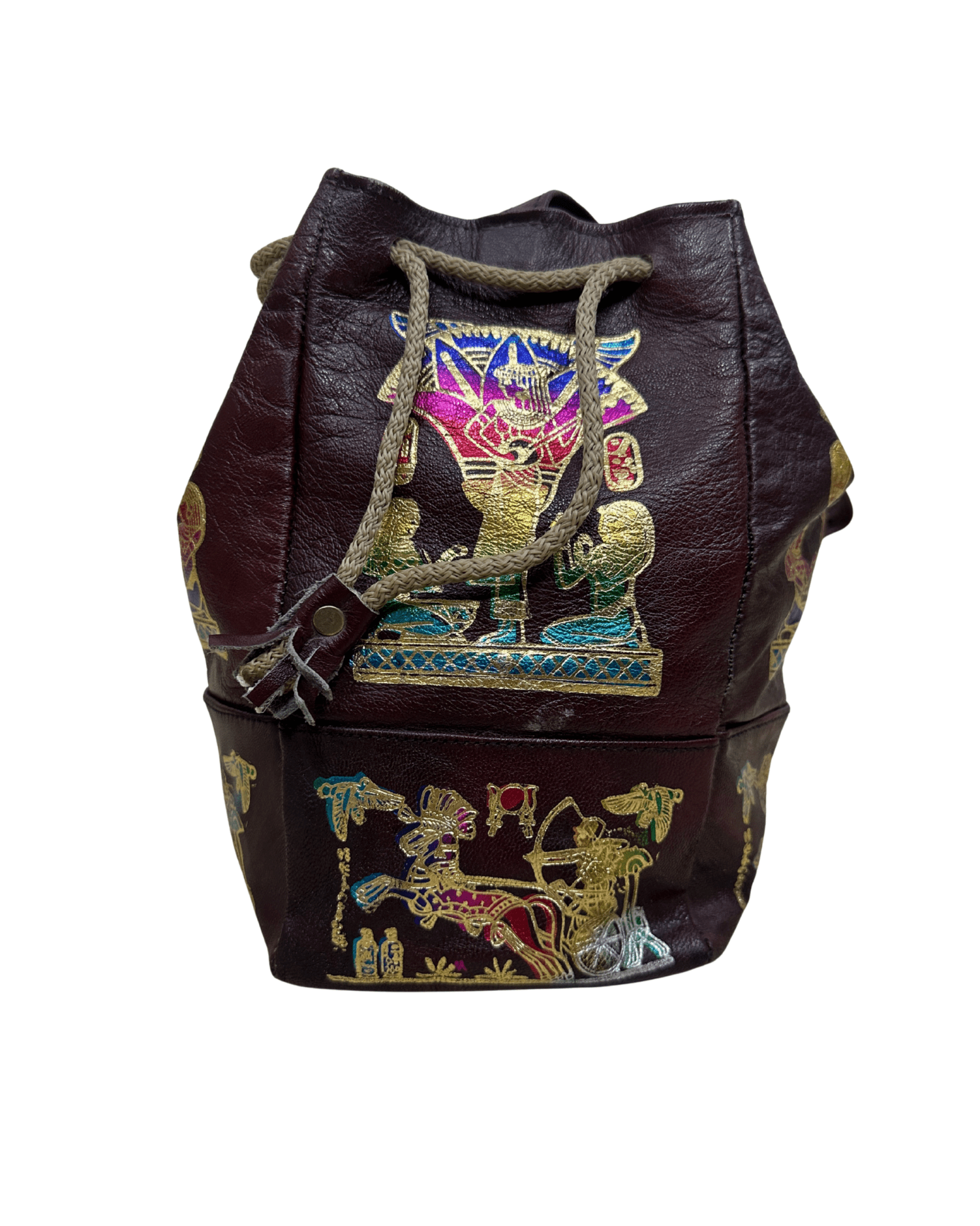 Vintage Burgundy Leather Ancient Egyptian Drawstring Bucket Bag - Funkify