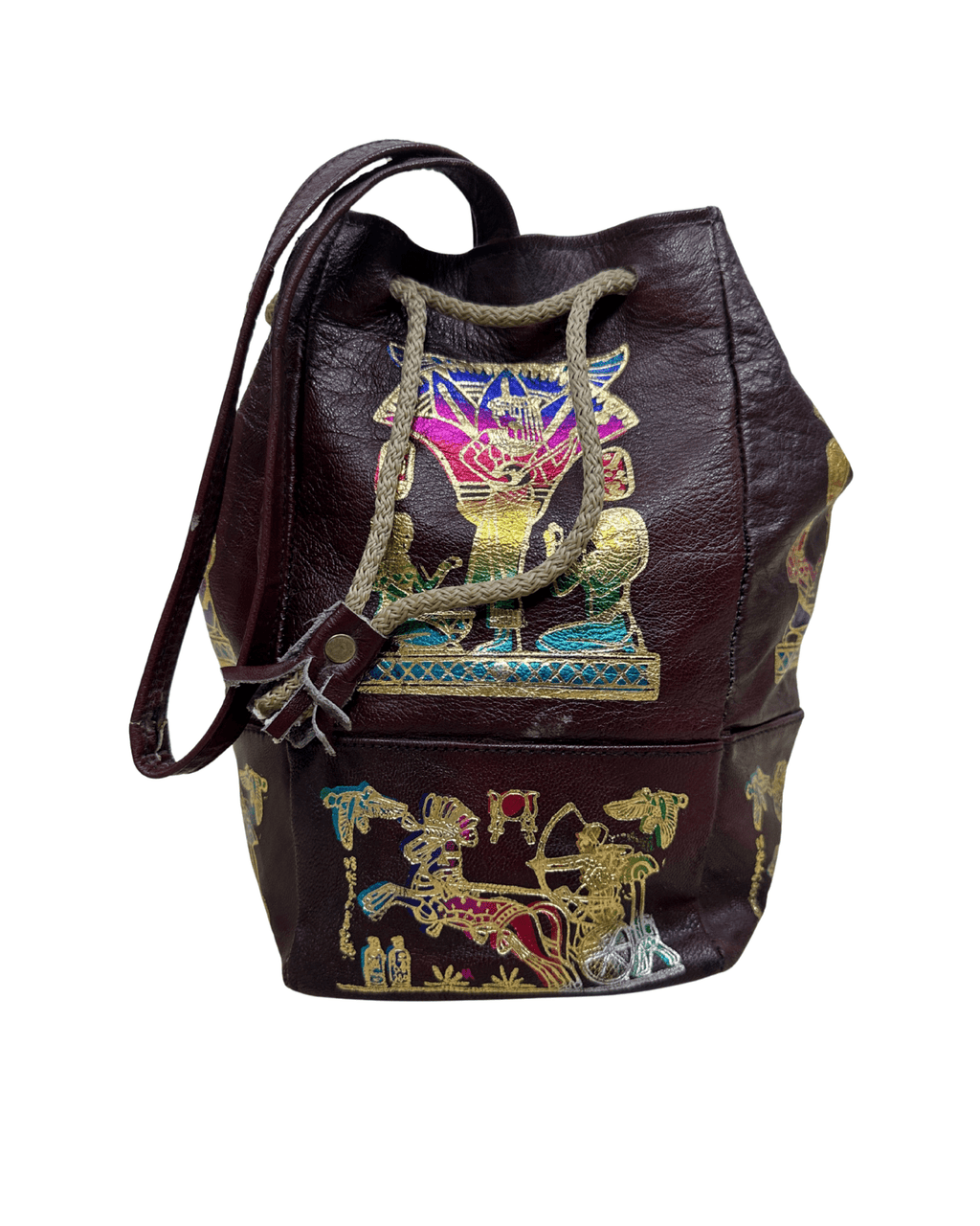 Vintage Burgundy Leather Ancient Egyptian Drawstring Bucket Bag - Funkify