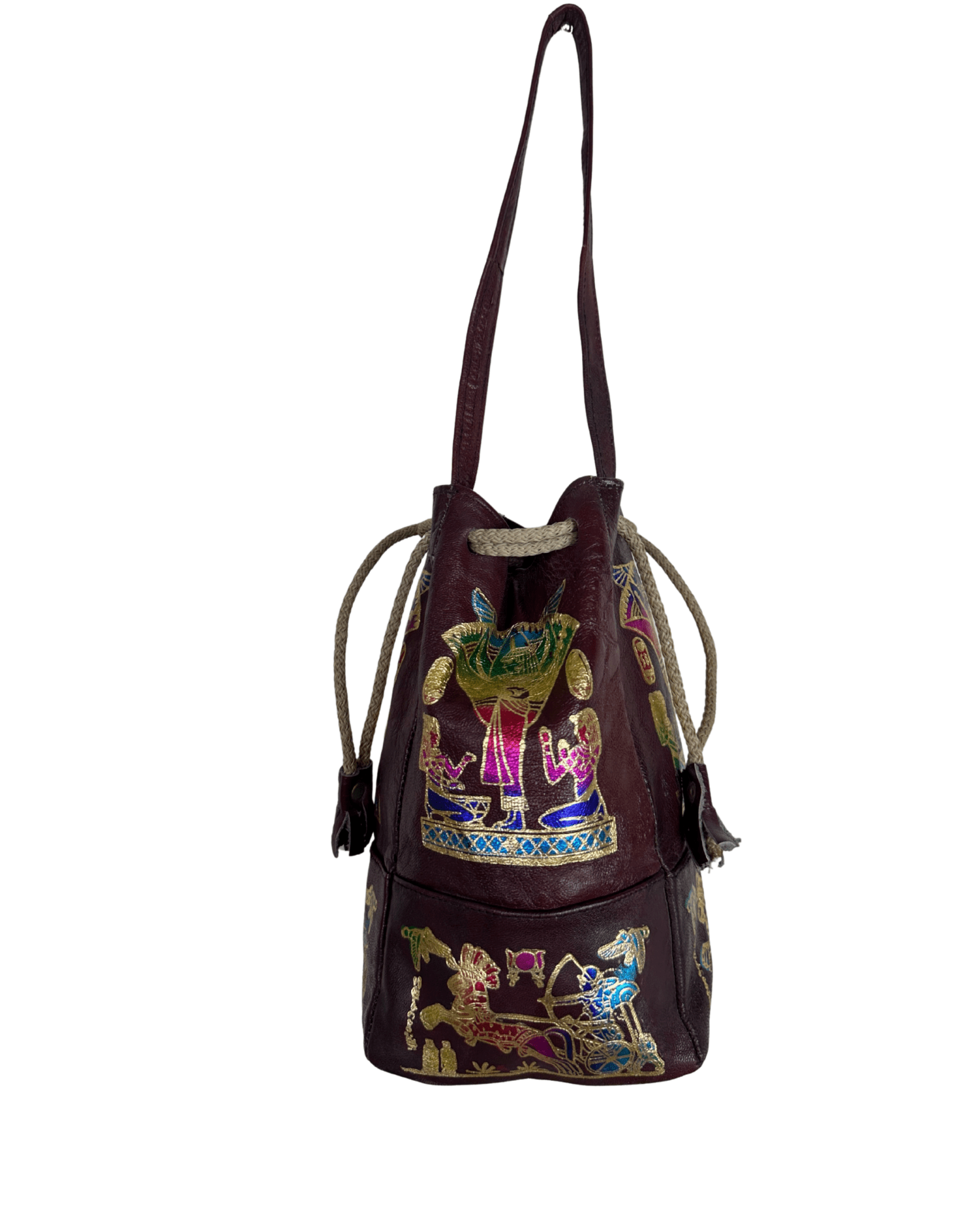 Vintage Burgundy Leather Ancient Egyptian Drawstring Bucket Bag - Funkify