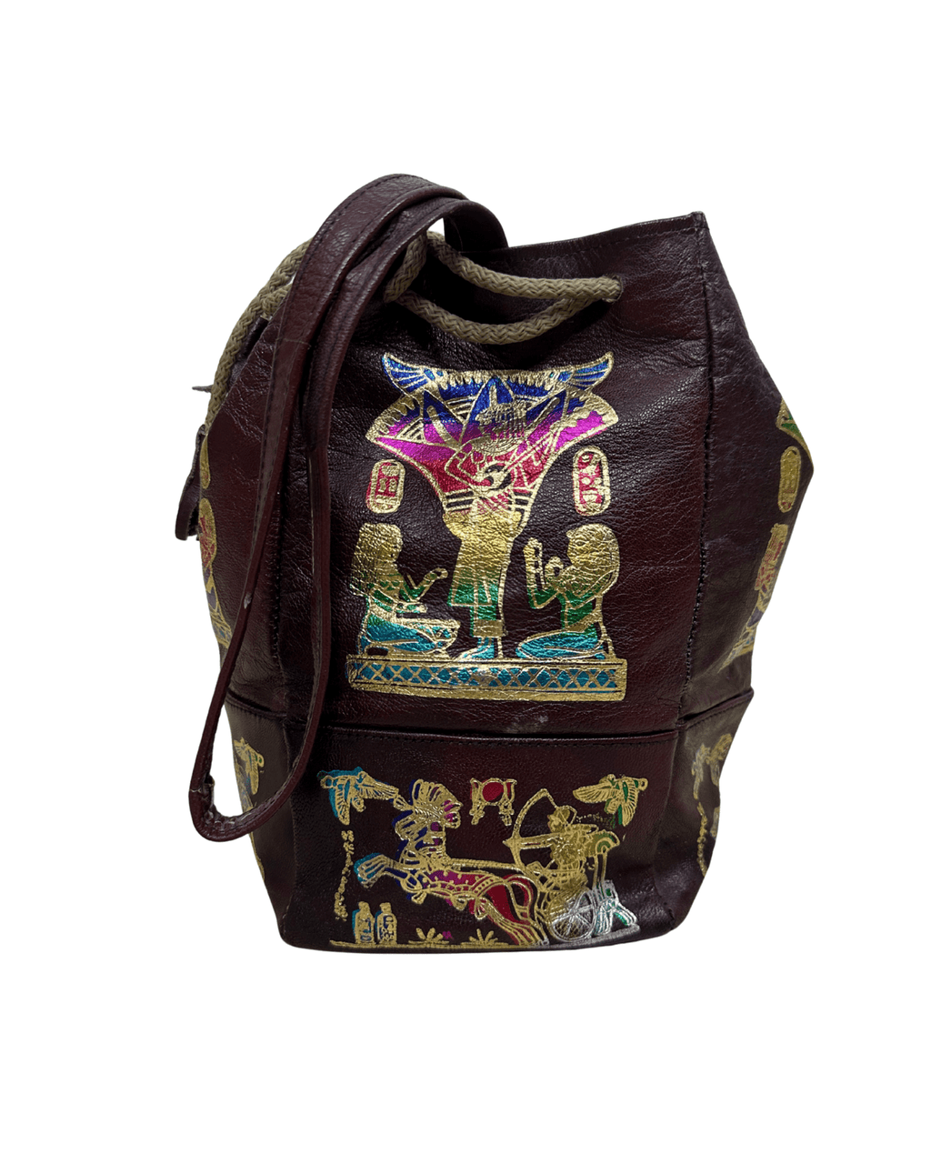 Vintage Burgundy Leather Ancient Egyptian Drawstring Bucket Bag - Funkify