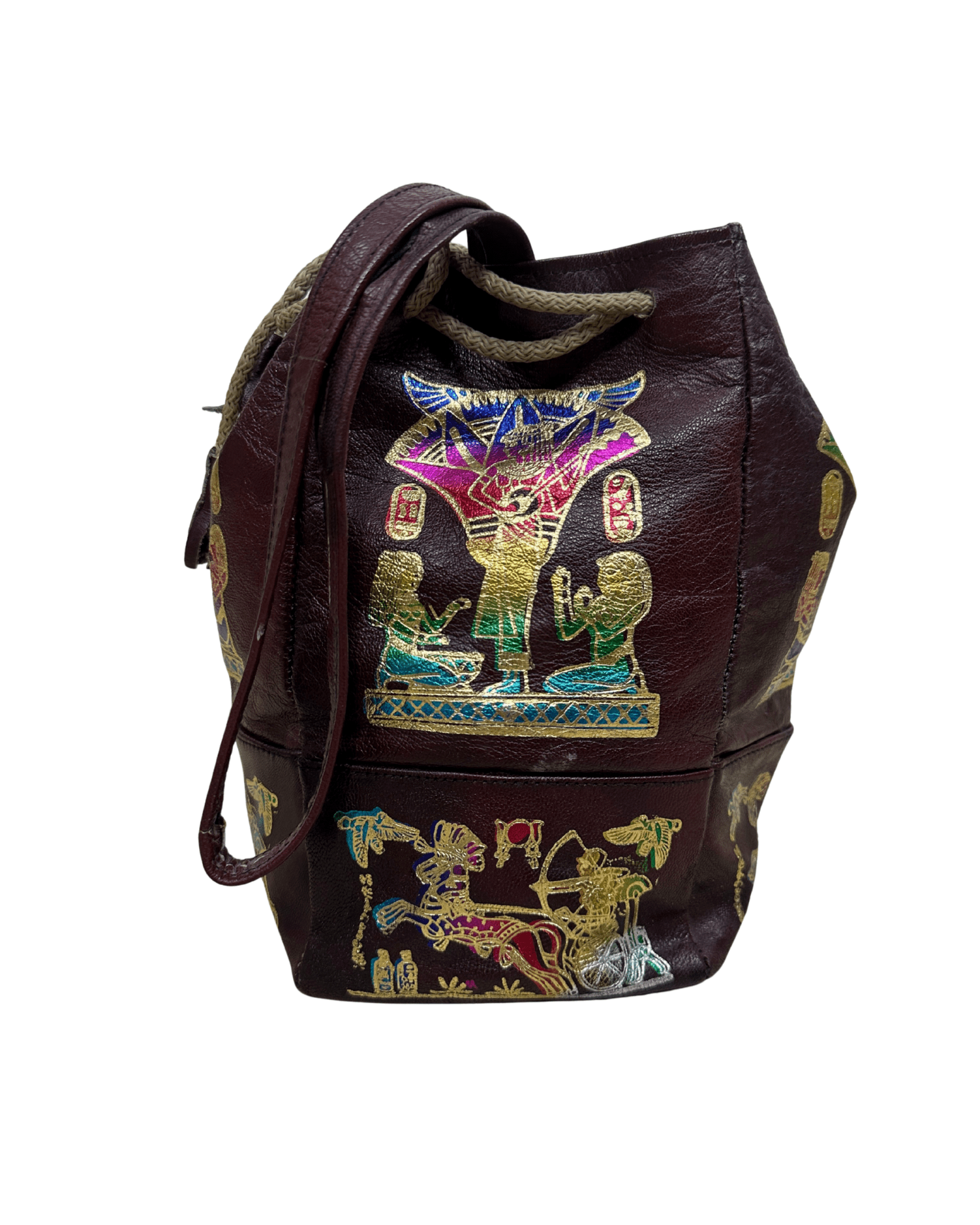 Vintage Burgundy Leather Ancient Egyptian Drawstring Bucket Bag - Funkify