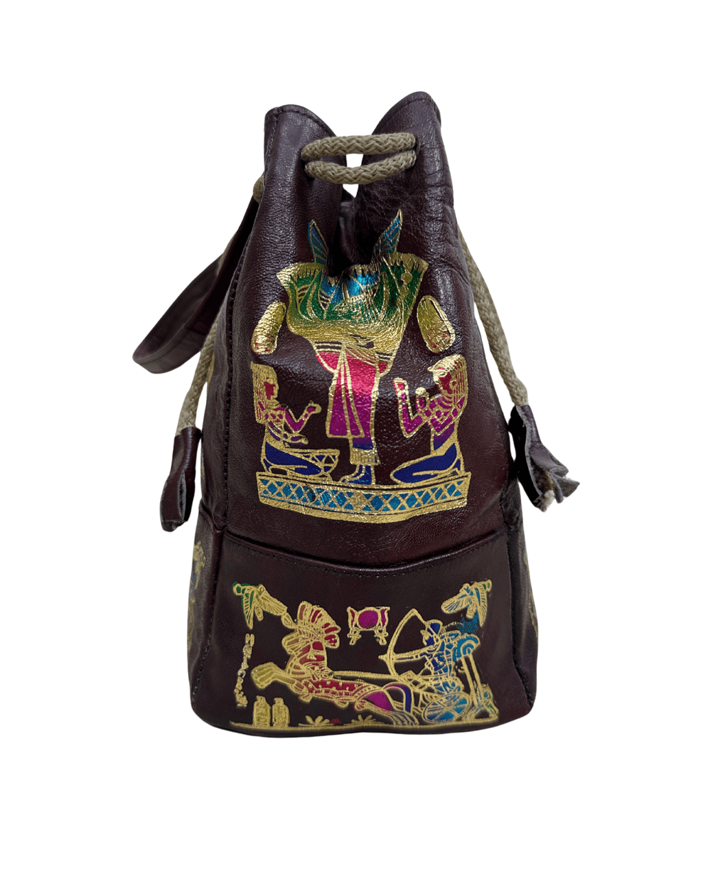 Vintage Burgundy Leather Ancient Egyptian Drawstring Bucket Bag - Funkify