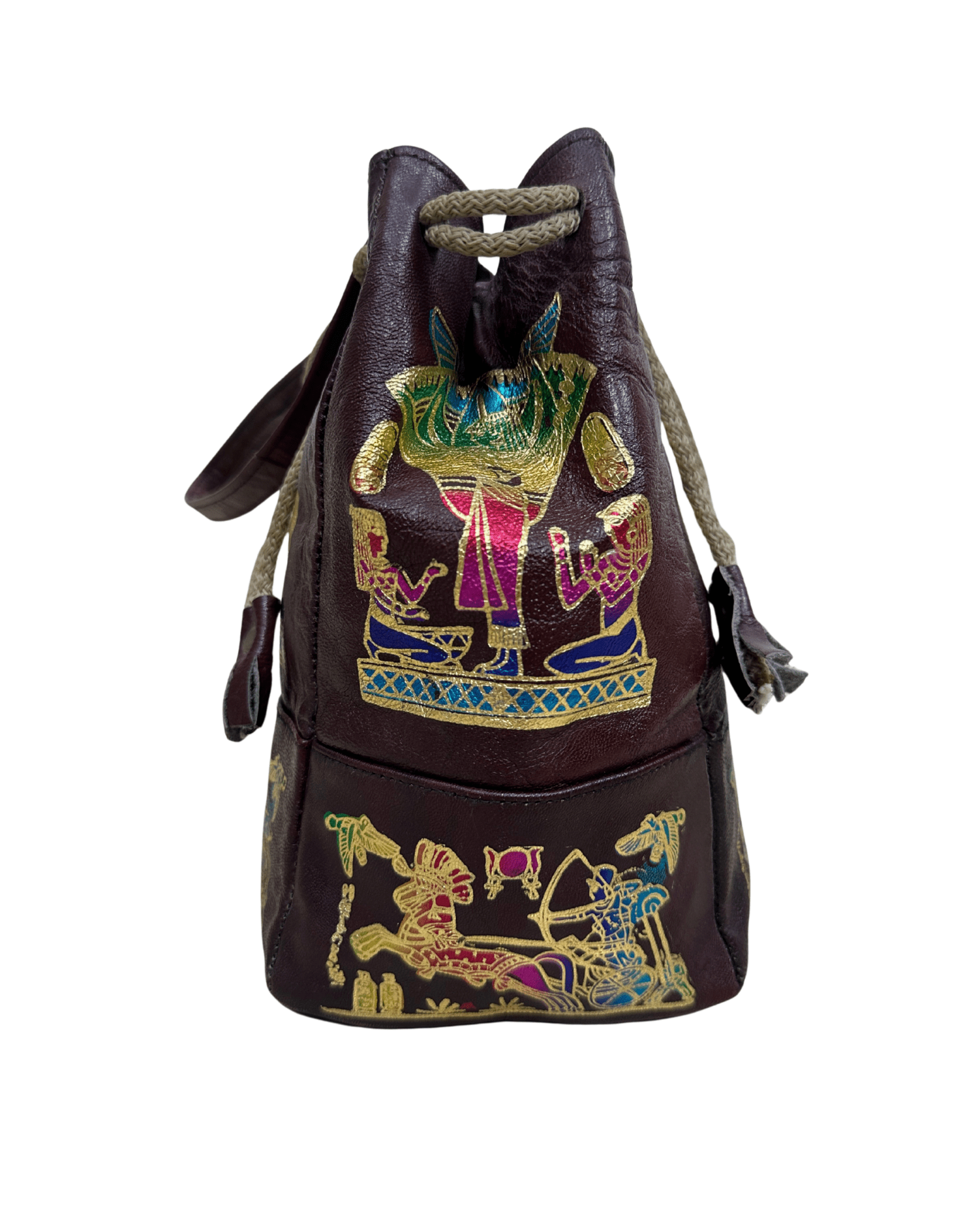 Vintage Burgundy Leather Ancient Egyptian Drawstring Bucket Bag - Funkify