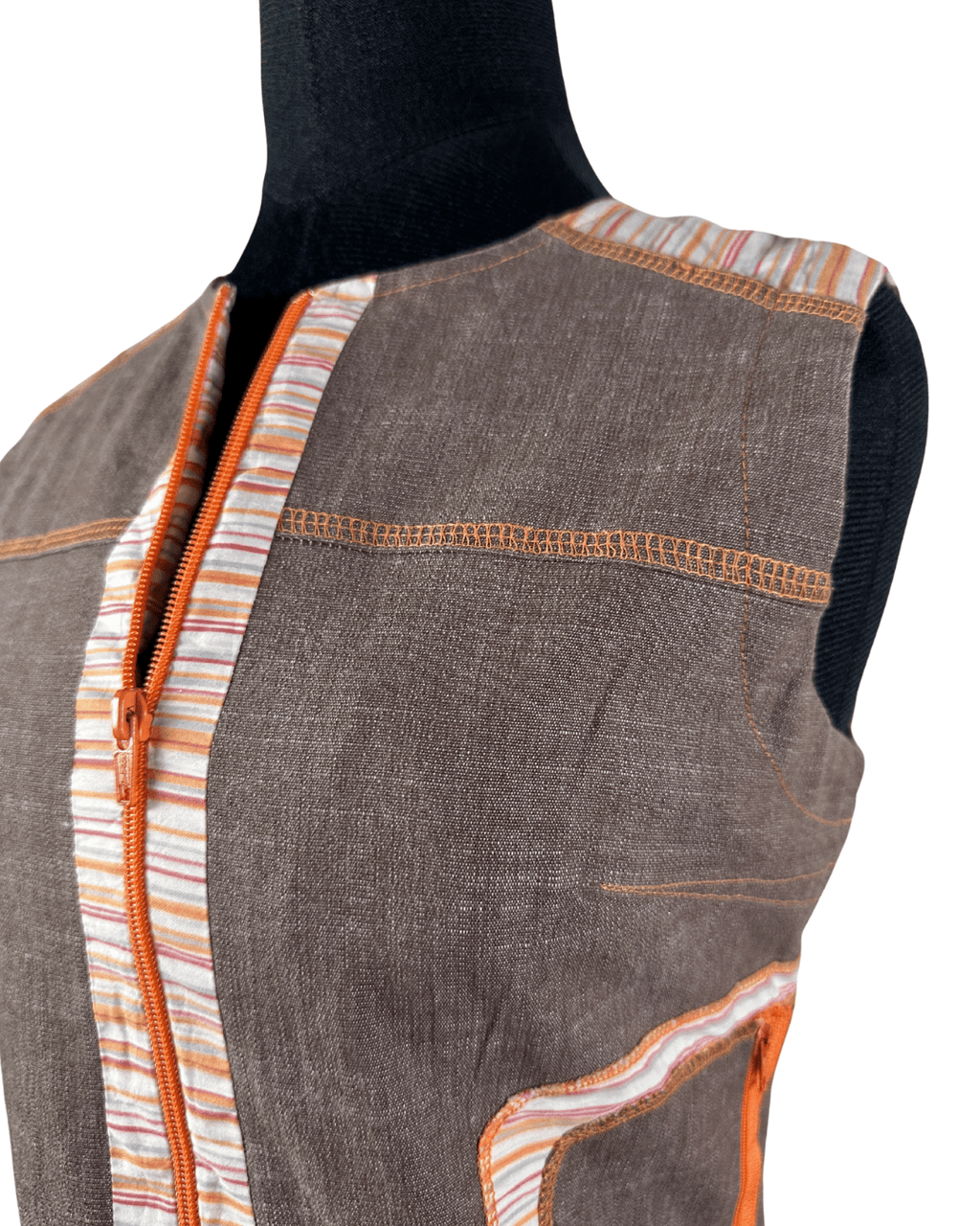 Vintage Cafe Theatre Brown Zip - Up Striped Trim Vest Small - Funkify