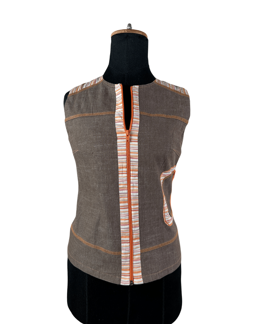 Vintage Cafe Theatre Brown Zip - Up Striped Trim Vest Small - Funkify