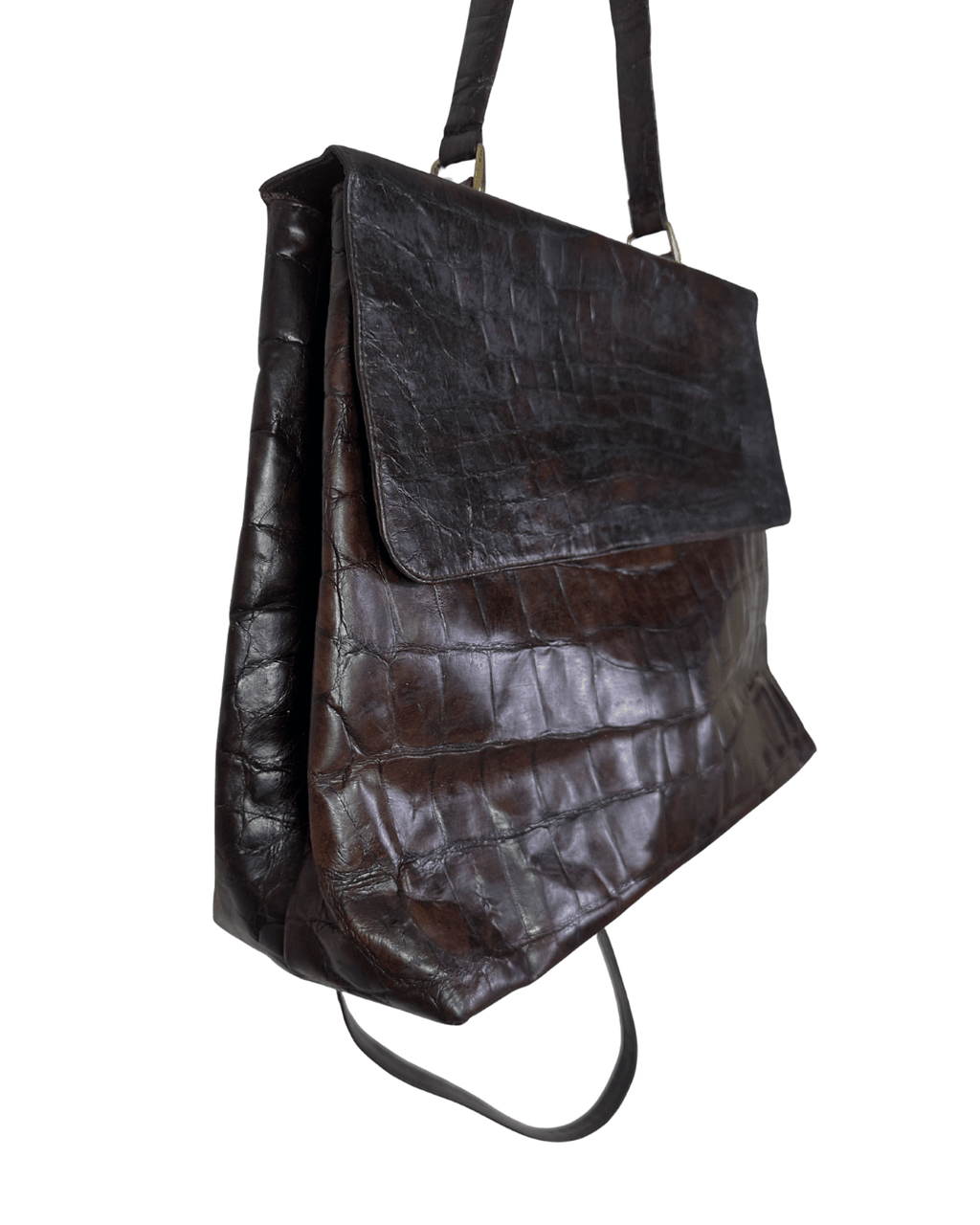 Vintage Croc - Embossed Genuine Leather Top Handle w/ Long Strap Tote - Funkify