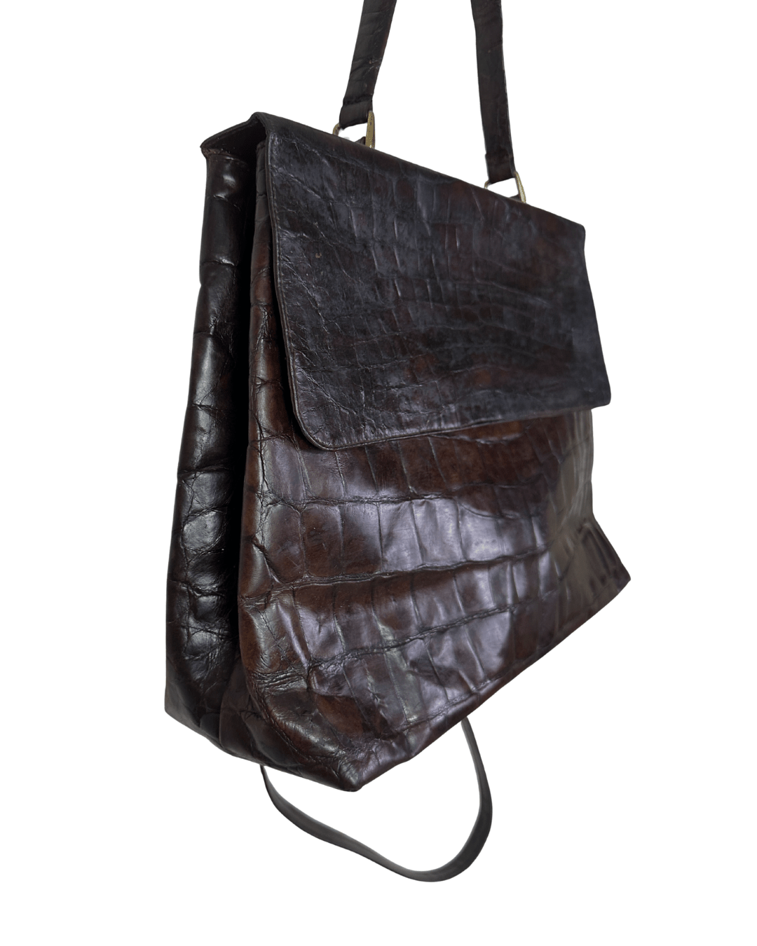 Vintage Croc - Embossed Genuine Leather Top Handle w/ Long Strap Tote - Funkify