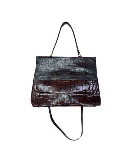 Vintage Croc - Embossed Genuine Leather Top Handle w/ Long Strap Tote - Funkify