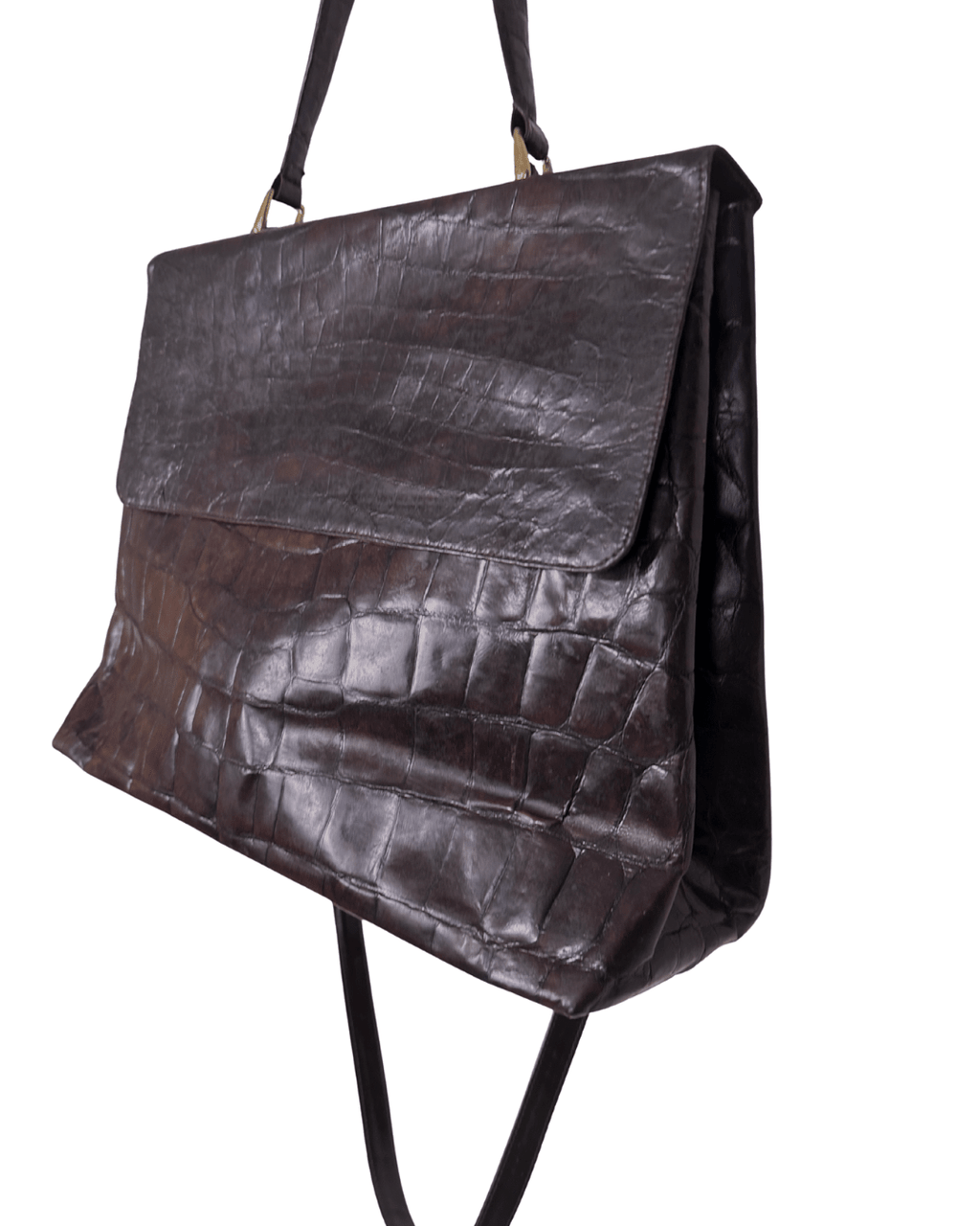 Vintage Croc - Embossed Genuine Leather Top Handle w/ Long Strap Tote - Funkify