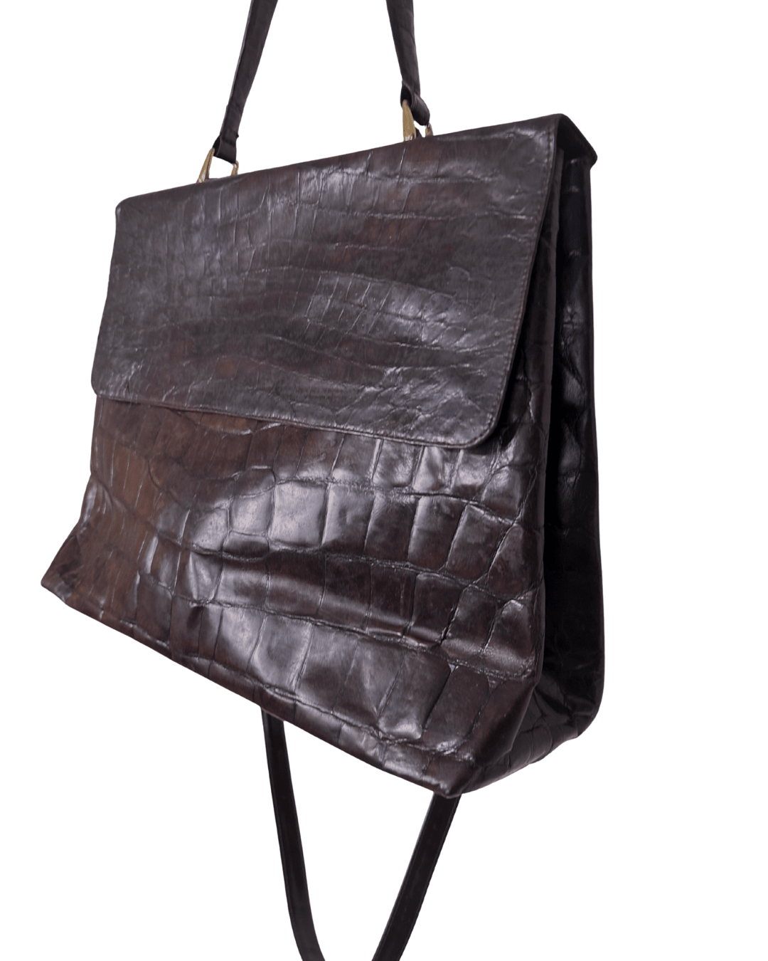 Vintage Croc - Embossed Genuine Leather Top Handle w/ Long Strap Tote - Funkify