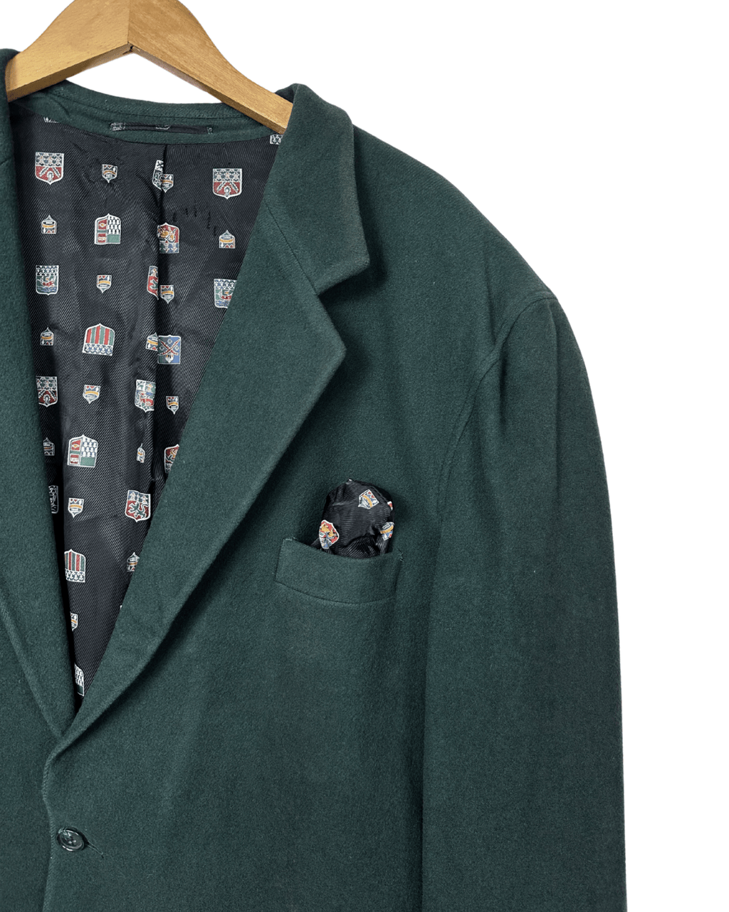 Vintage Dark Green Blazer with Crest Print Lining Large - Funkify