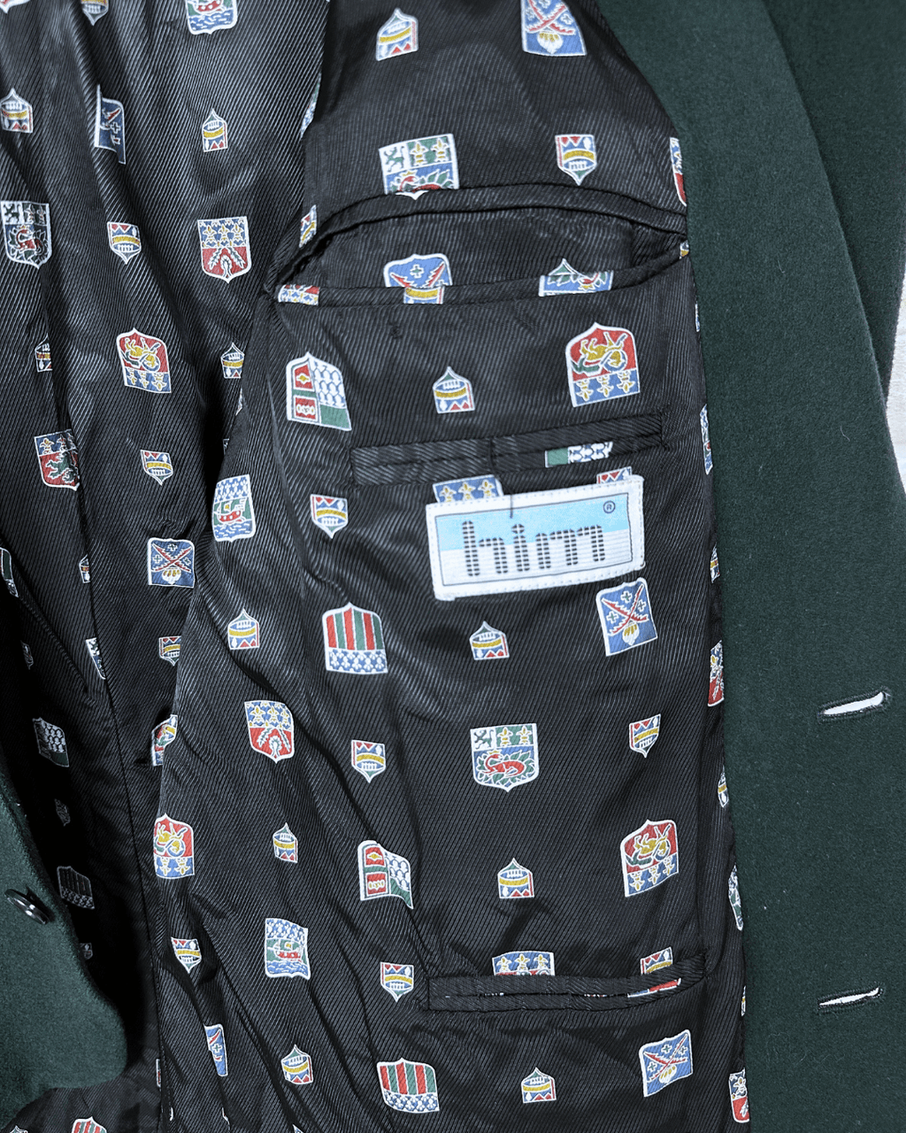 Vintage Dark Green Blazer with Crest Print Lining Large - Funkify