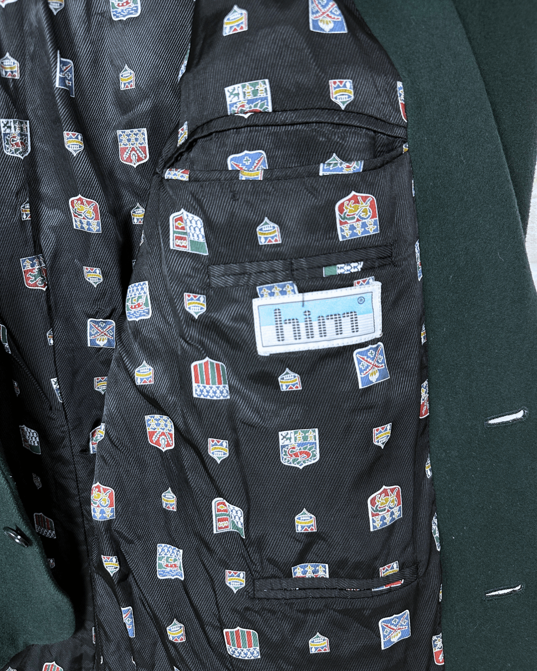 Vintage Dark Green Blazer with Crest Print Lining Large - Funkify