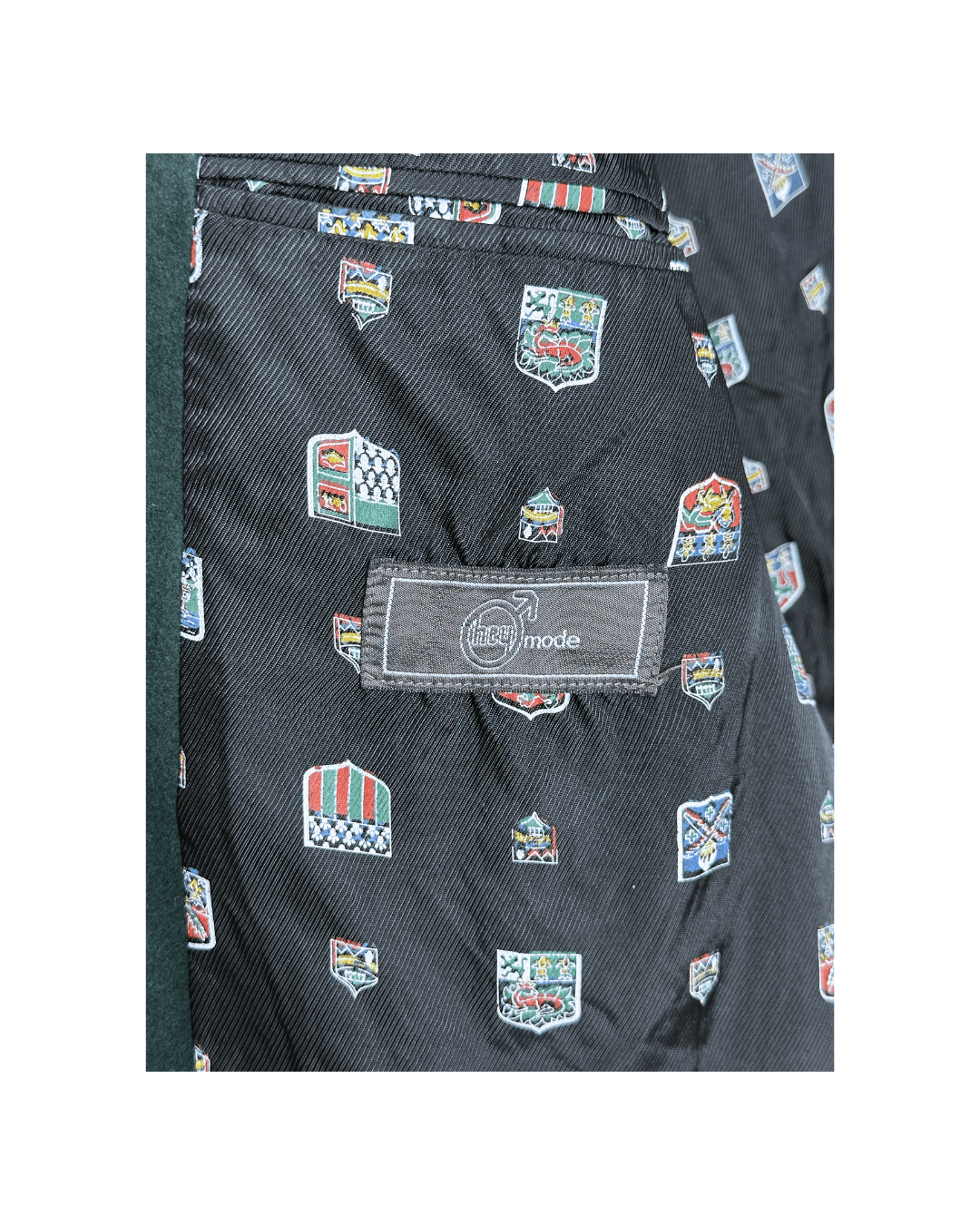 Vintage Dark Green Blazer with Crest Print Lining Large - Funkify