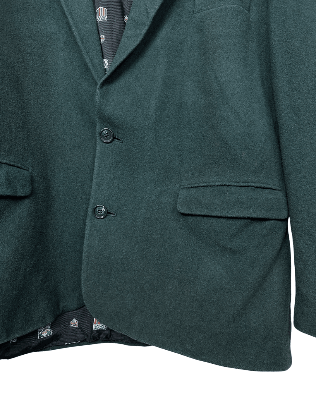 Vintage Dark Green Blazer with Crest Print Lining Large - Funkify