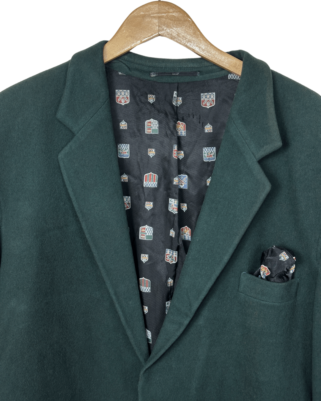 Vintage Dark Green Blazer with Crest Print Lining Large - Funkify