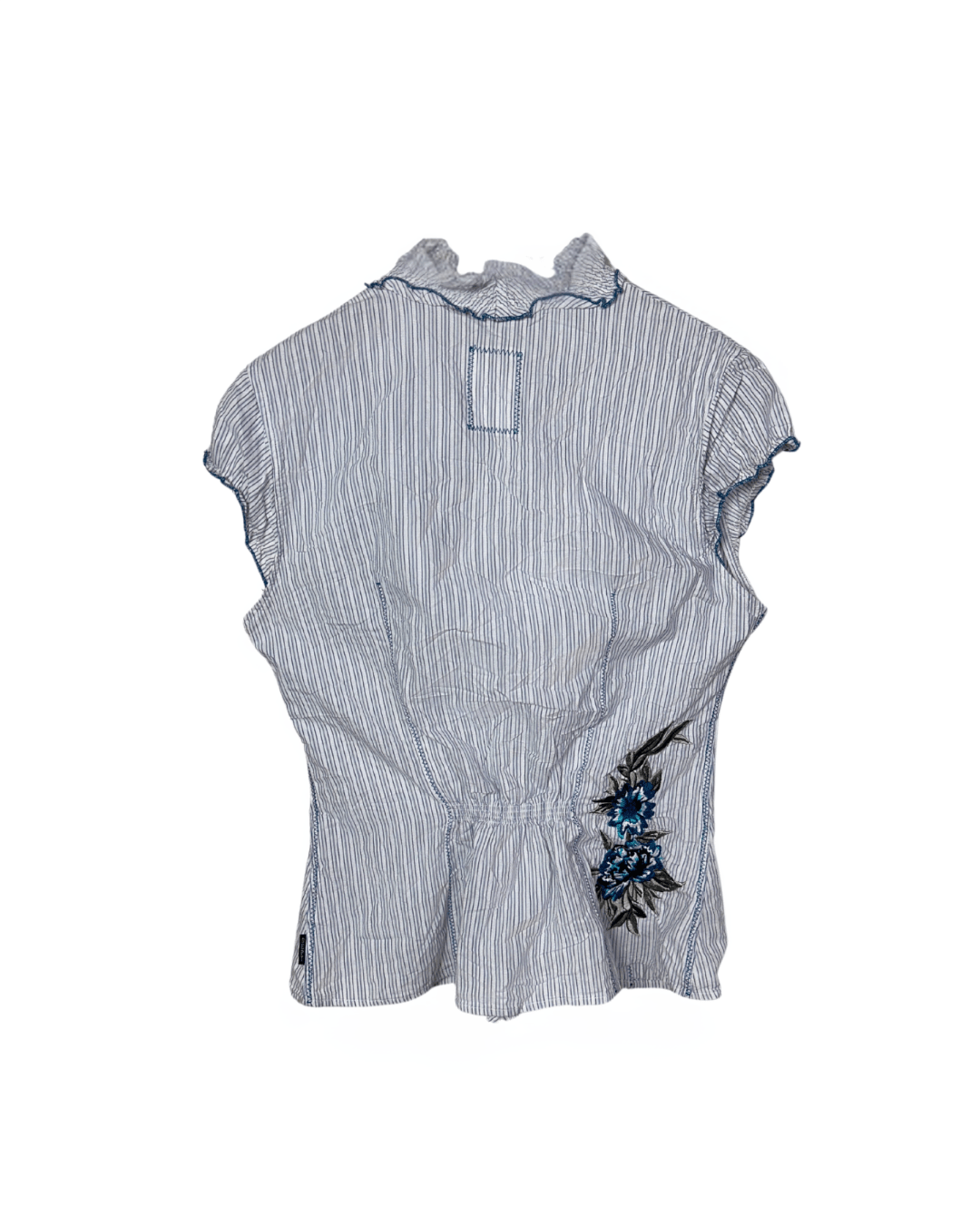 Vintage DEPT Striped Ruffle Blouse with Embroidery – Medium - Funkify