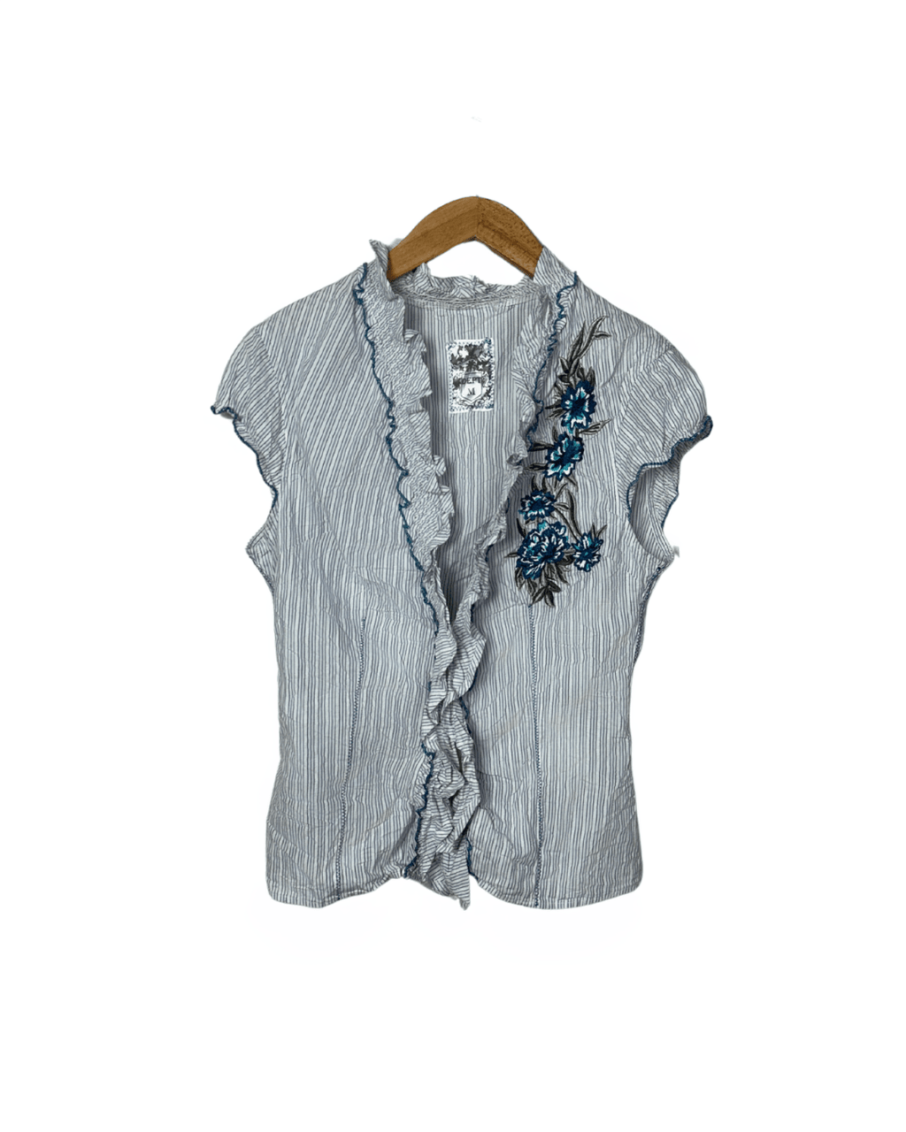Vintage DEPT Striped Ruffle Blouse with Embroidery – Medium - Funkify