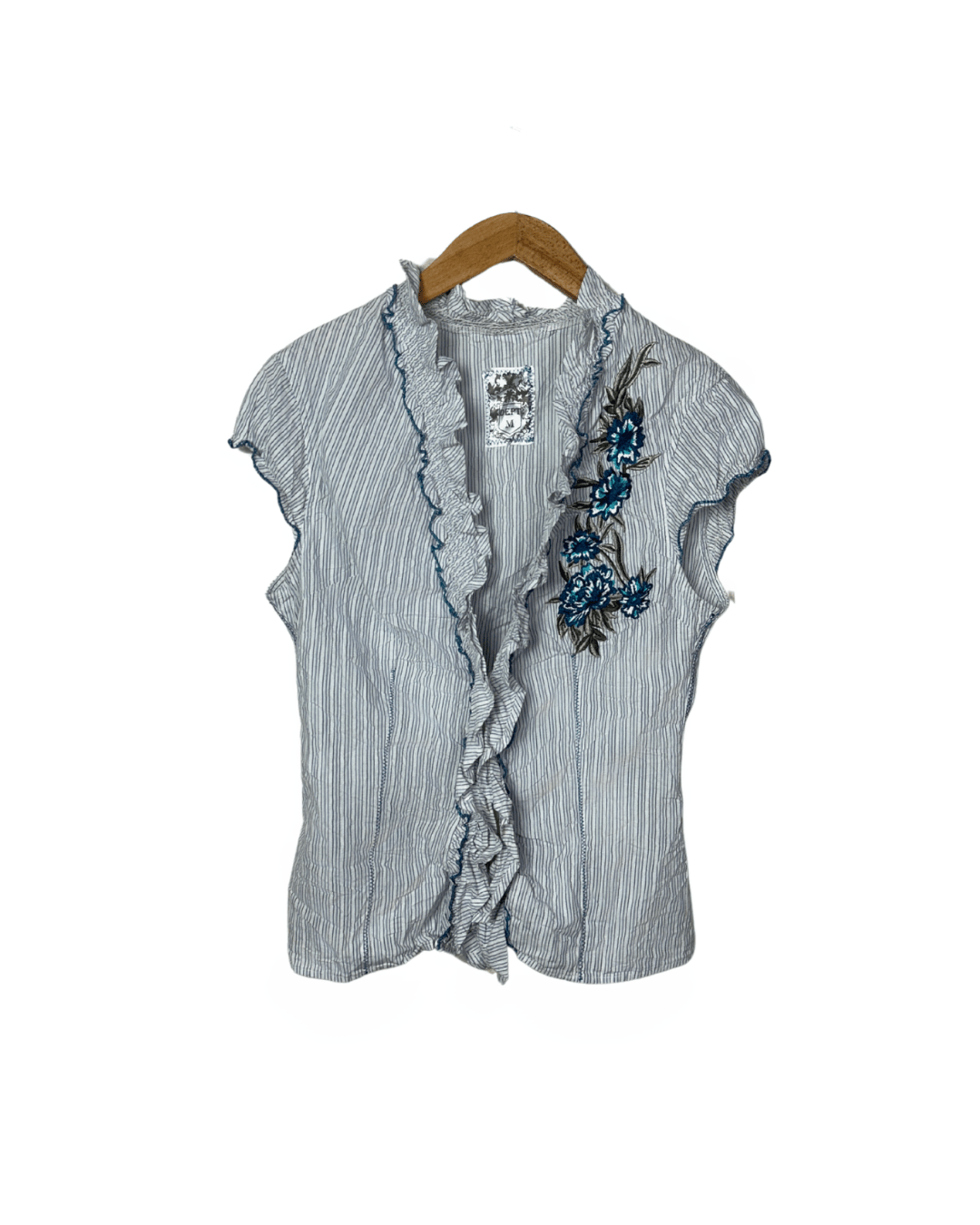 Vintage DEPT Striped Ruffle Blouse with Embroidery – Medium - Funkify