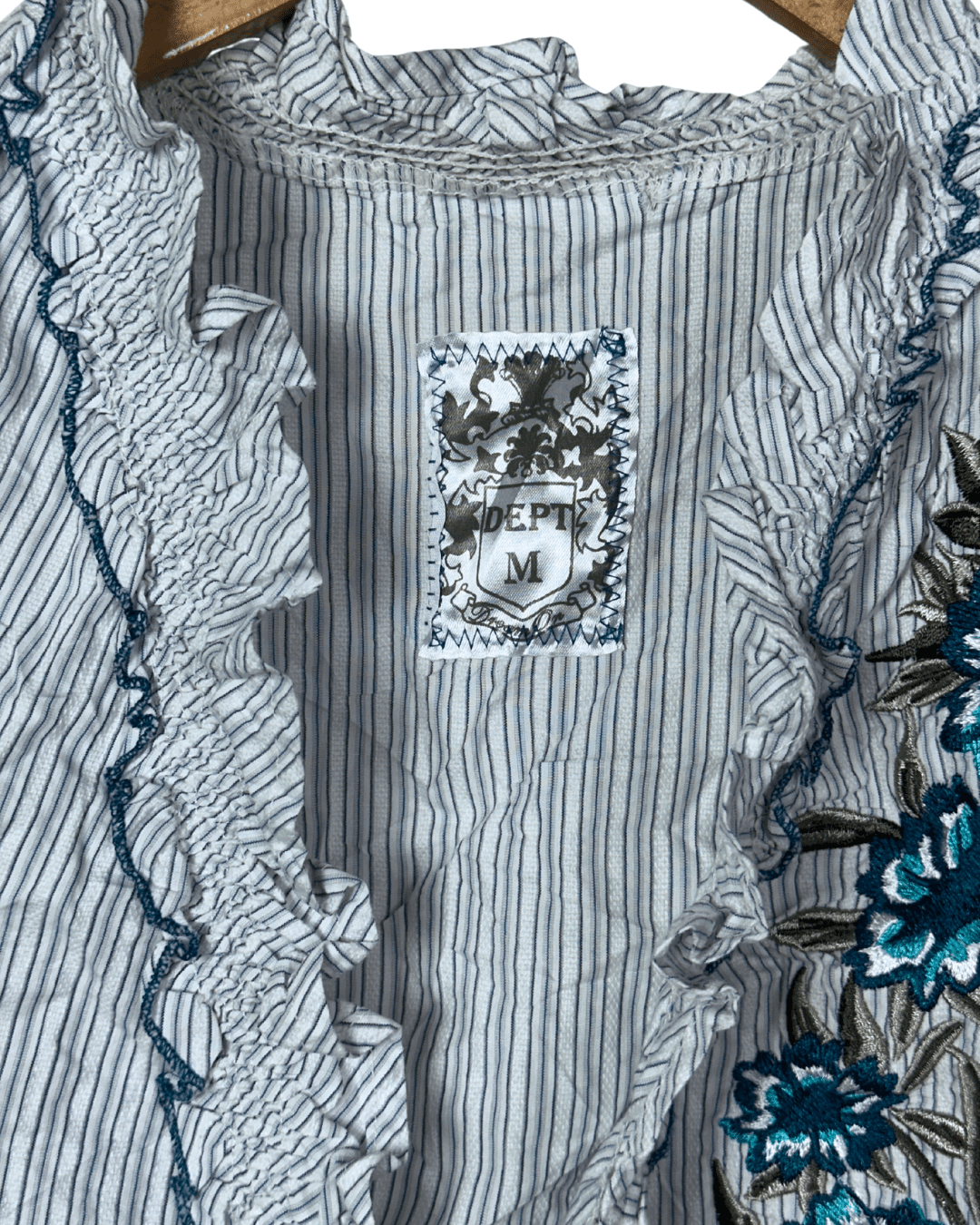 Vintage DEPT Striped Ruffle Blouse with Embroidery – Medium - Funkify
